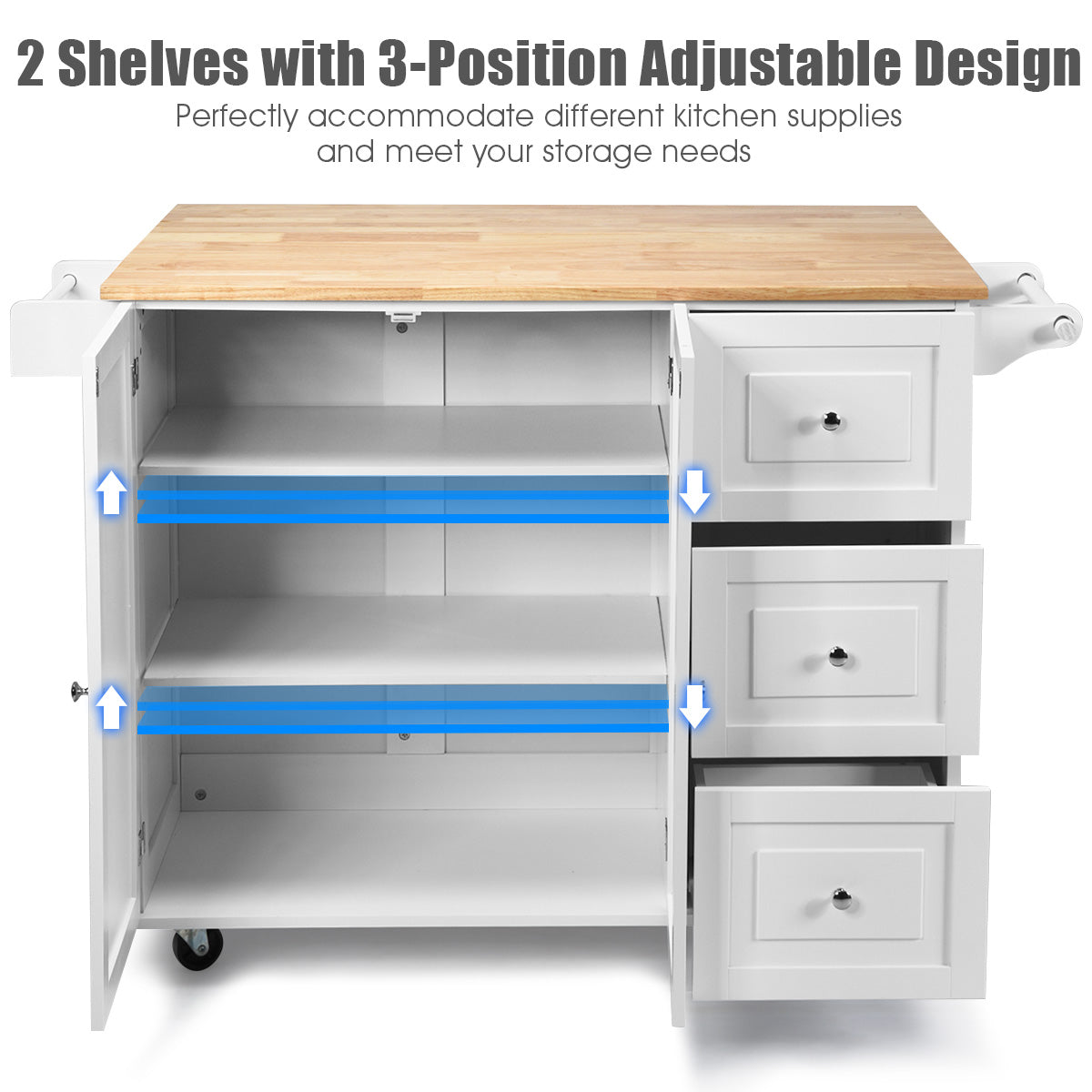 Kitchen Island Trolley with 3 Drawers and Adjustable Shelves