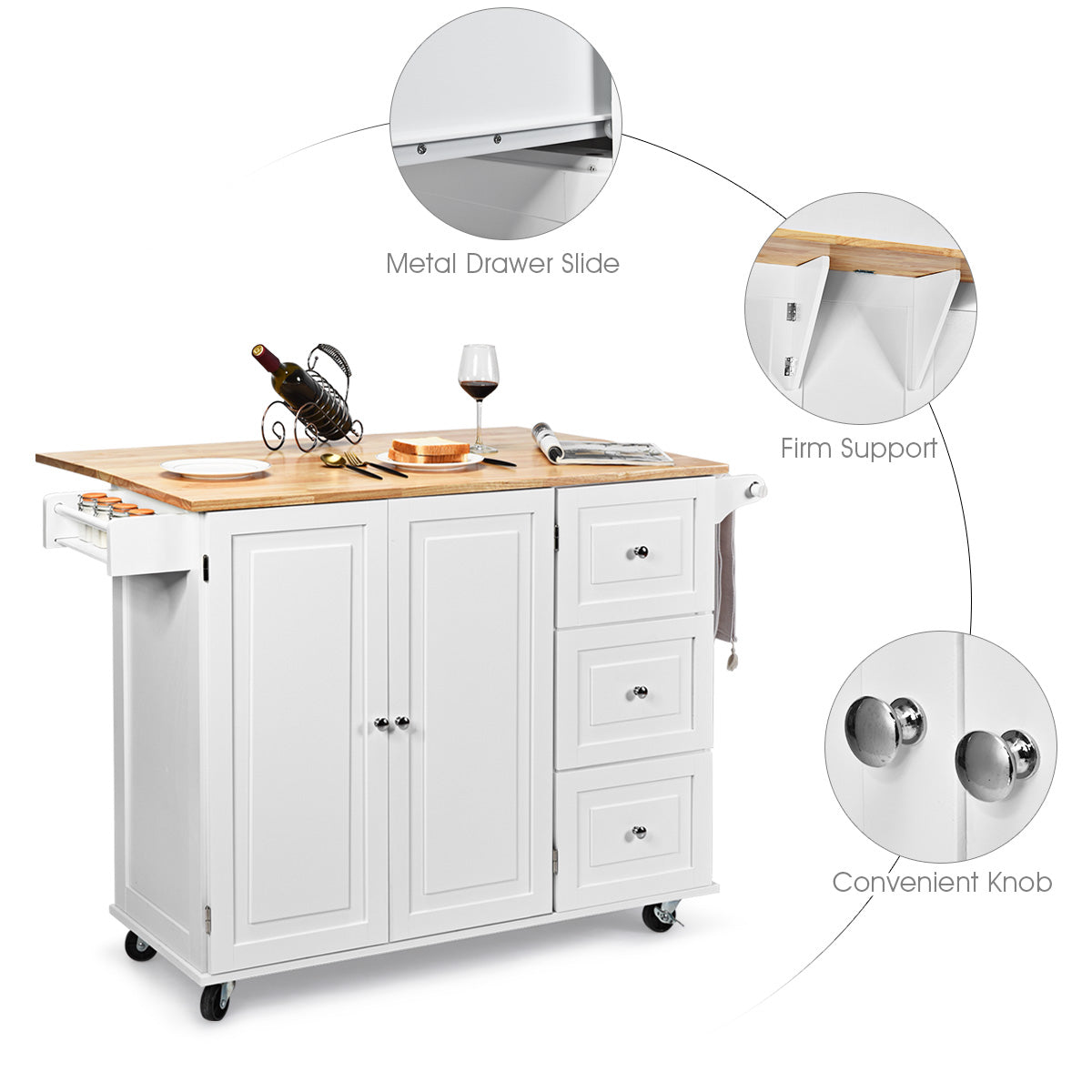 Kitchen Island Trolley with 3 Drawers and Adjustable Shelves