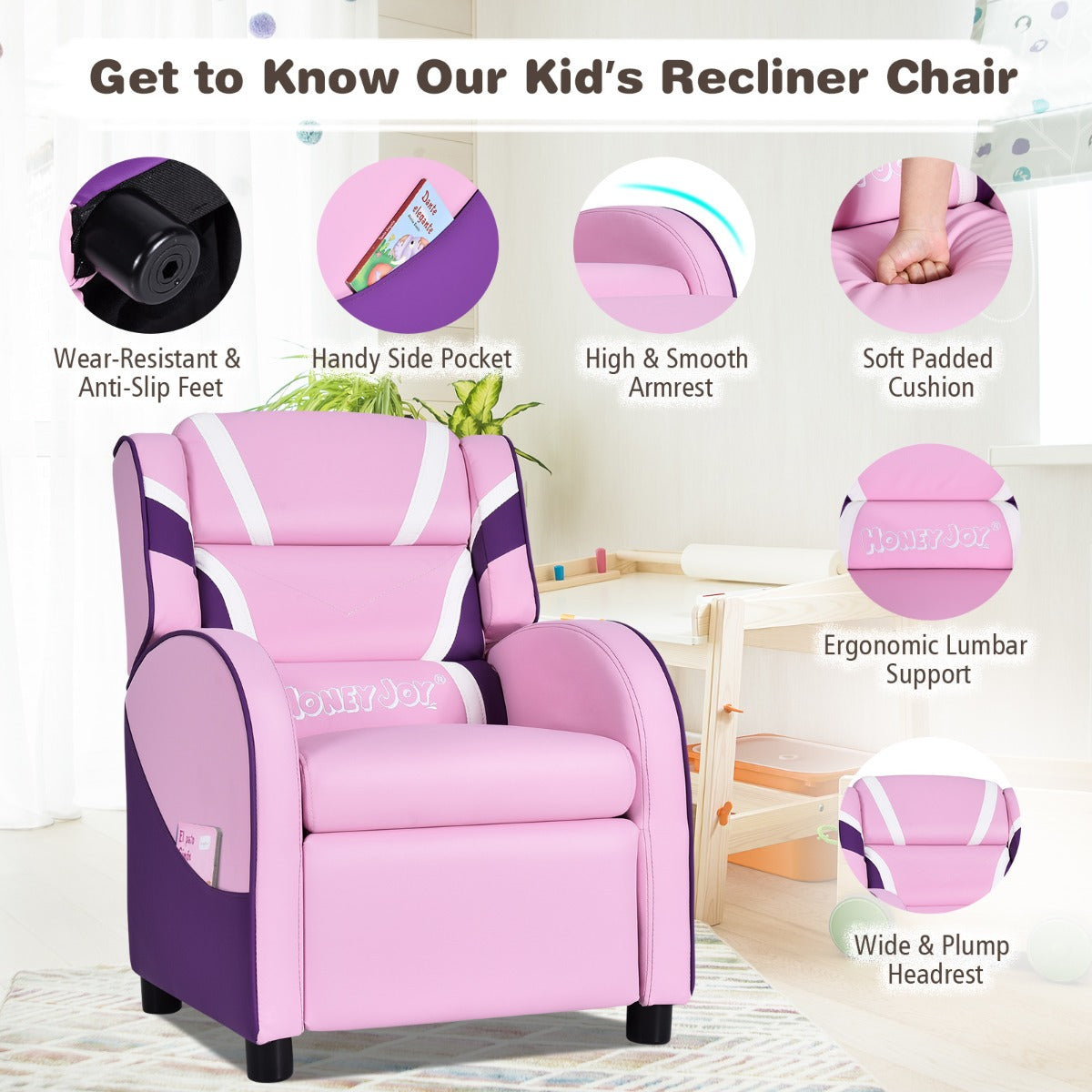 Ergonomic Kids Sofa Lounge Recliner with Adjustable Backrest & Storage Pocket