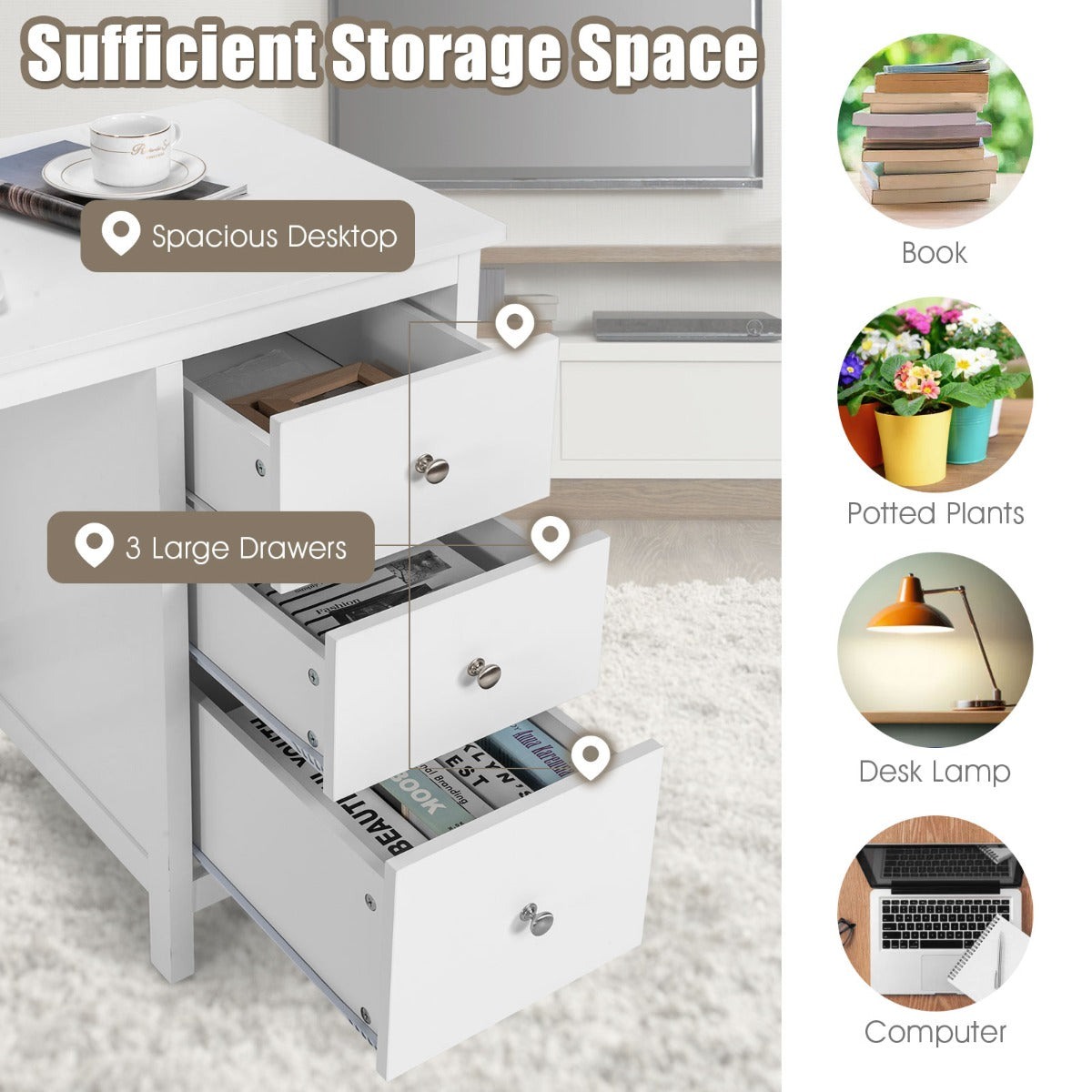 3-Drawer Computer Desk with Spacious Desktop for Office