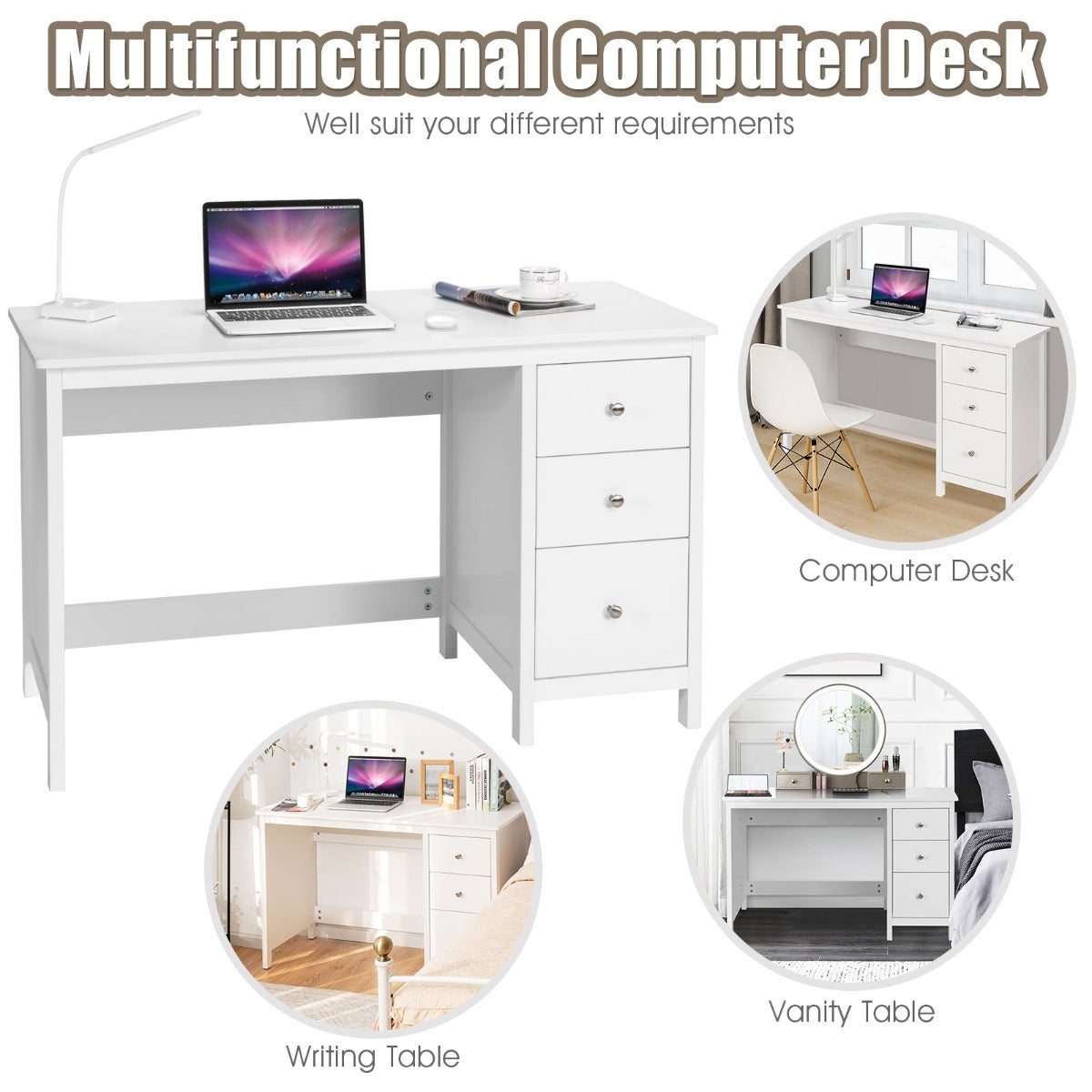 3-Drawer Computer Desk with Spacious Desktop for Office