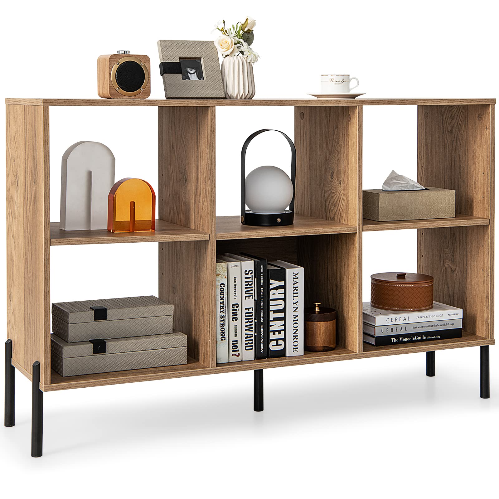 6-Cube Wooden Open Bookshelf with 5 Metal Legs