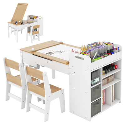 Hikidspace Kids Art Table & 2 Chairs Set w/Paper Roll, Craft Desk w/Flip-up Tabletop