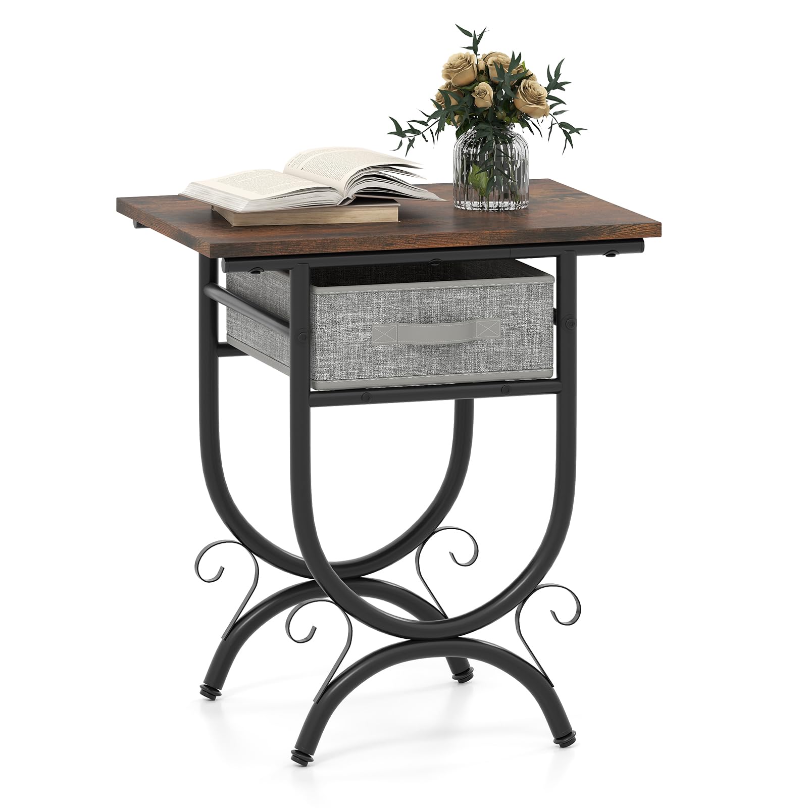 Side Table with Fabric Drawer, Nightstand with Carved Metal Frame