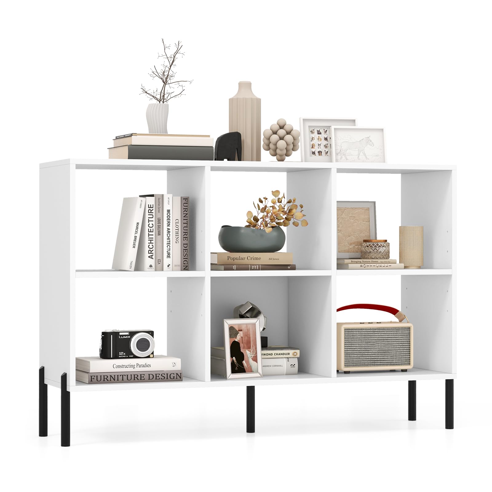 6-Cube Wooden Open Bookshelf with 5 Metal Legs