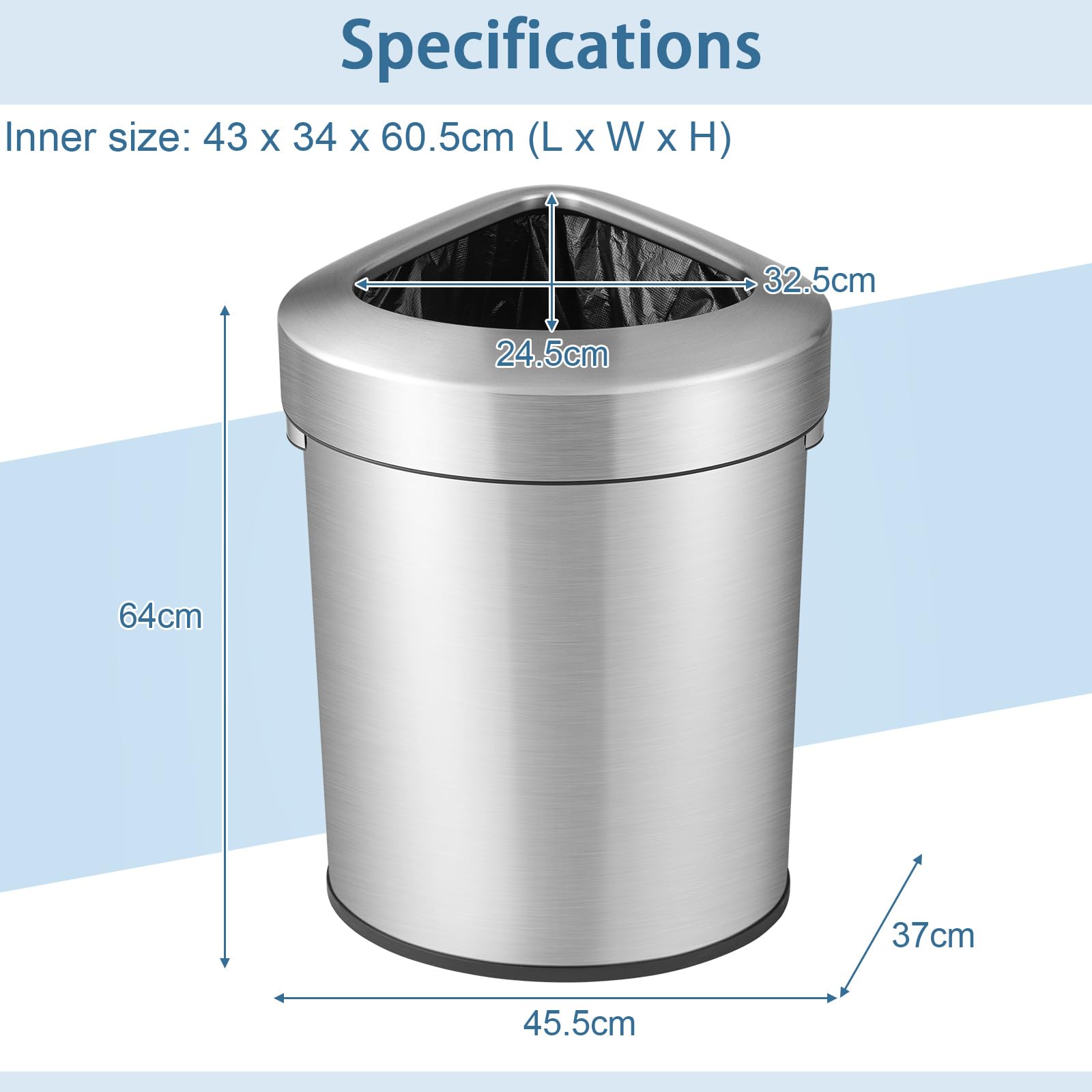 60L Stainless Corner Steel Trash Bin with Anti-slip Bottom for Narrow Space Kitchen Living Room