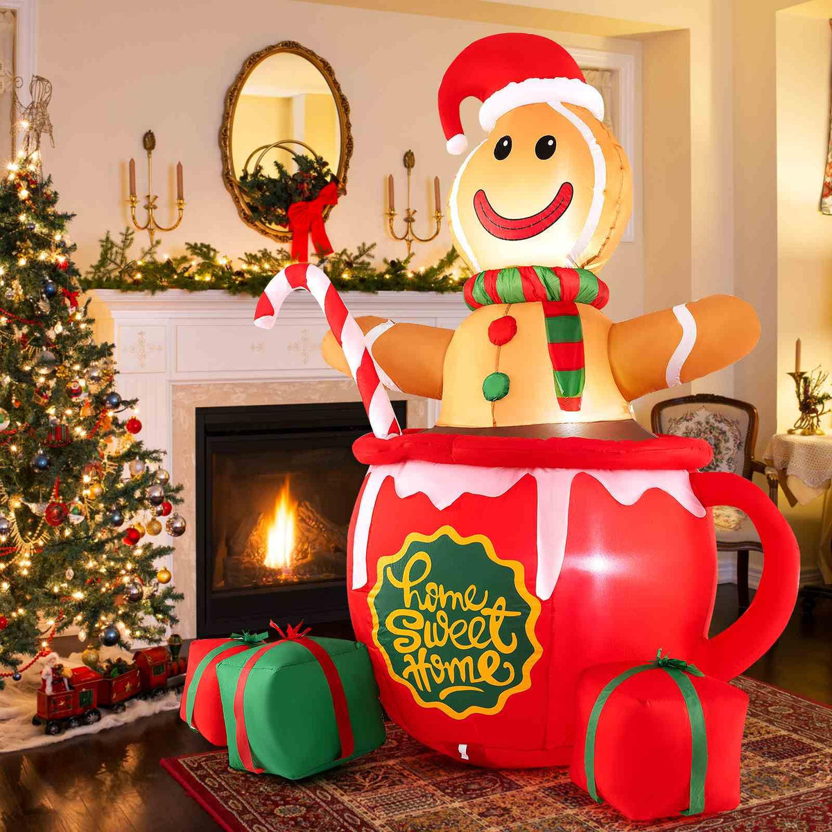 210CM Inflatable Gingerbread Man in Hot Cocoa Mug, Xmas Blow up Yard Decoration with Built-in LED Lights