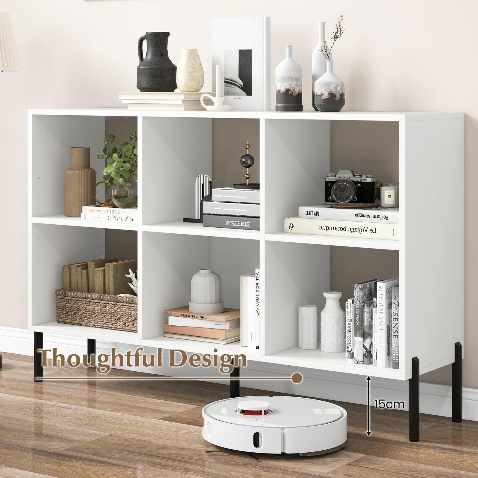 6-Cube Wooden Open Bookshelf with 5 Metal Legs