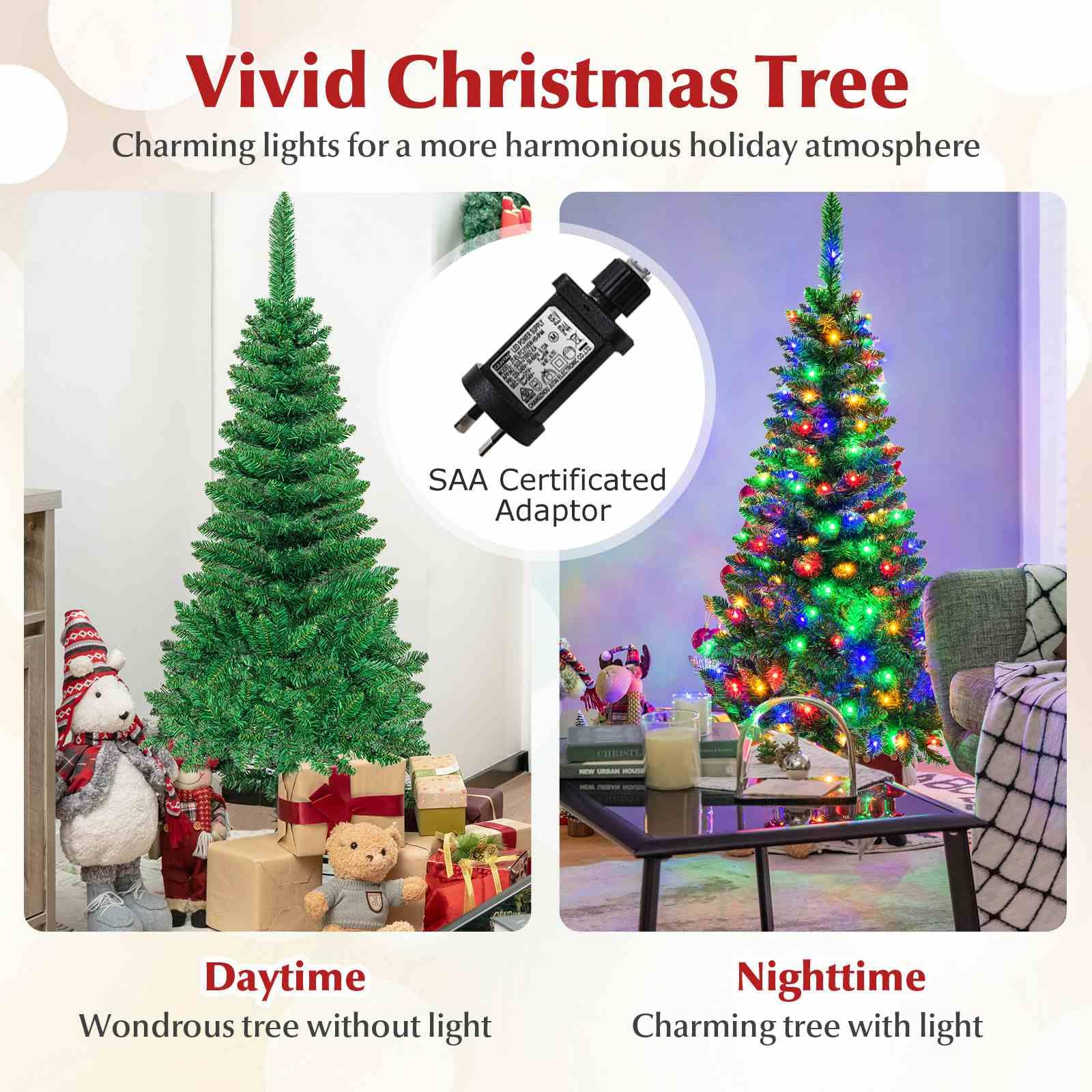 1.37 M Artificial Pencil Christmas Tree with 150 Colorful LED Lights and Foldable Metal Stand