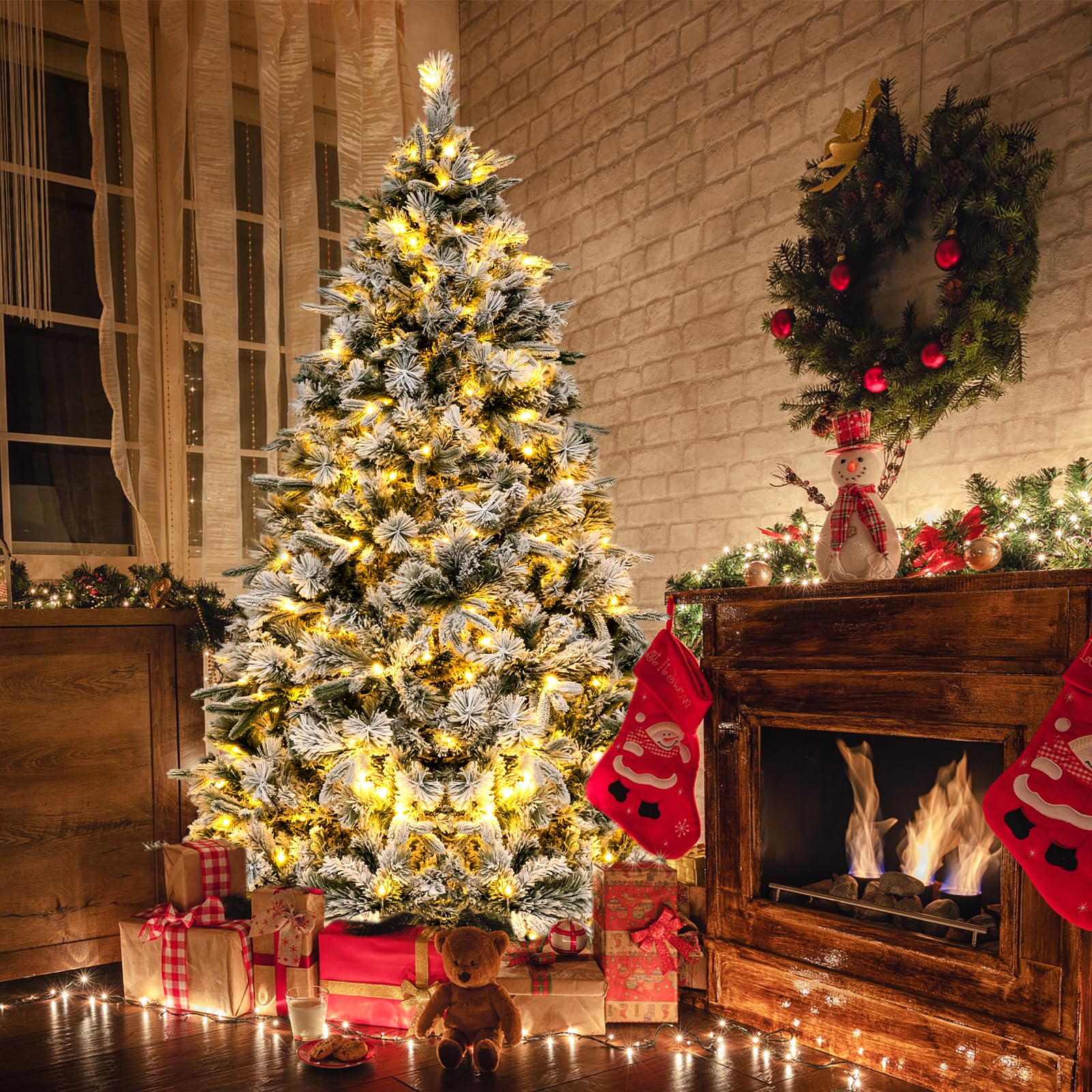 186 Christmas Tree with Pine Needles, Flocked Xmas Tree with 250 Warm White LED Lights & 752 Mixed Branch Tips