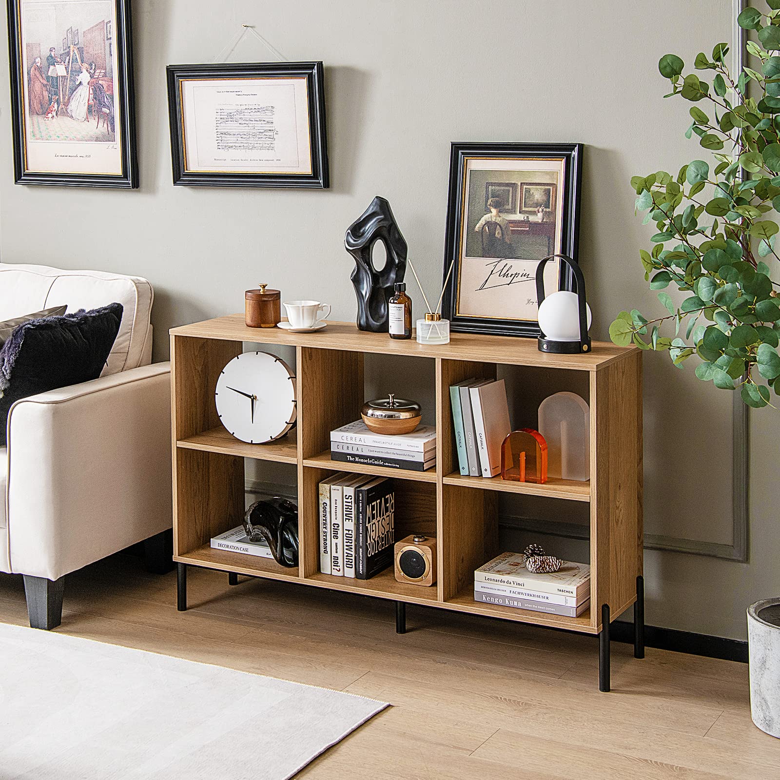 6-Cube Wooden Open Bookshelf with 5 Metal Legs
