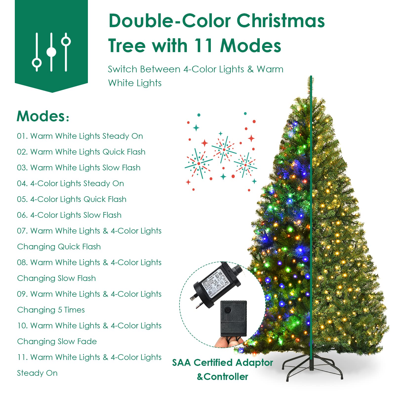 Pre-Lit Artificial Holiday Christmas Xmas Tree with 11 Mode & Color Lights