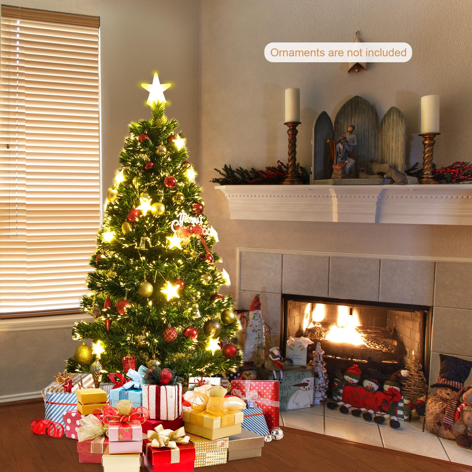 1.5M Pre-Lit Christmas Tree, Artificial Xmas Tree with 180 Branch Tips, 21 Warm White Star Lights, Fiber Optics