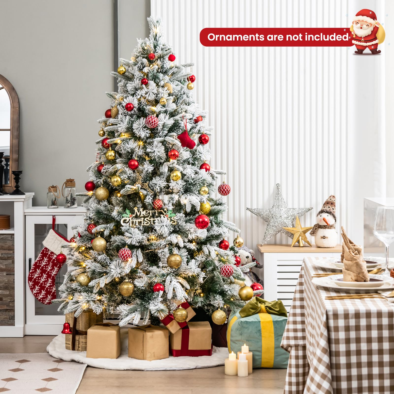186 Christmas Tree with Pine Needles, Flocked Xmas Tree with 250 Warm White LED Lights & 752 Mixed Branch Tips