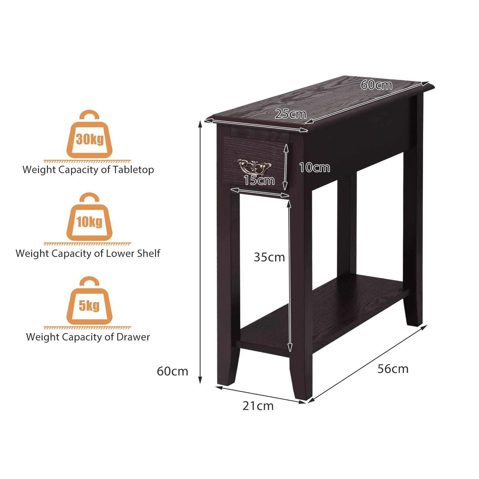 Side Table 2 Tier End Table Narrow Nightstand w/ Storage Drawer and Lower Shelf