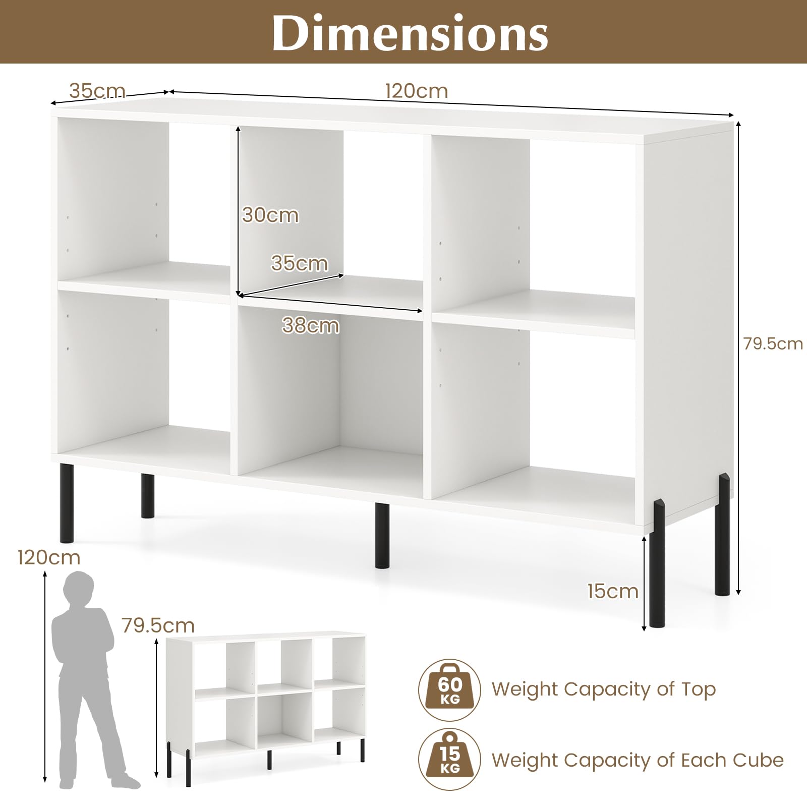 6-Cube Wooden Open Bookshelf with 5 Metal Legs
