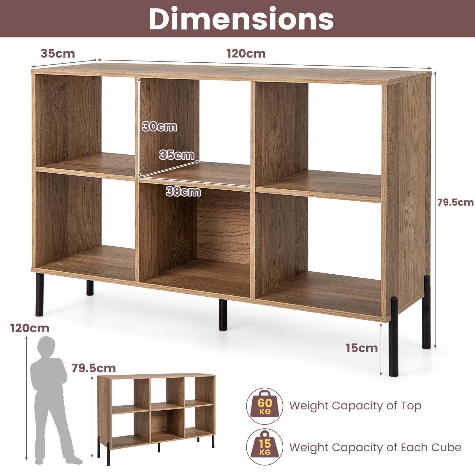 6-Cube Wooden Open Bookshelf with 5 Metal Legs