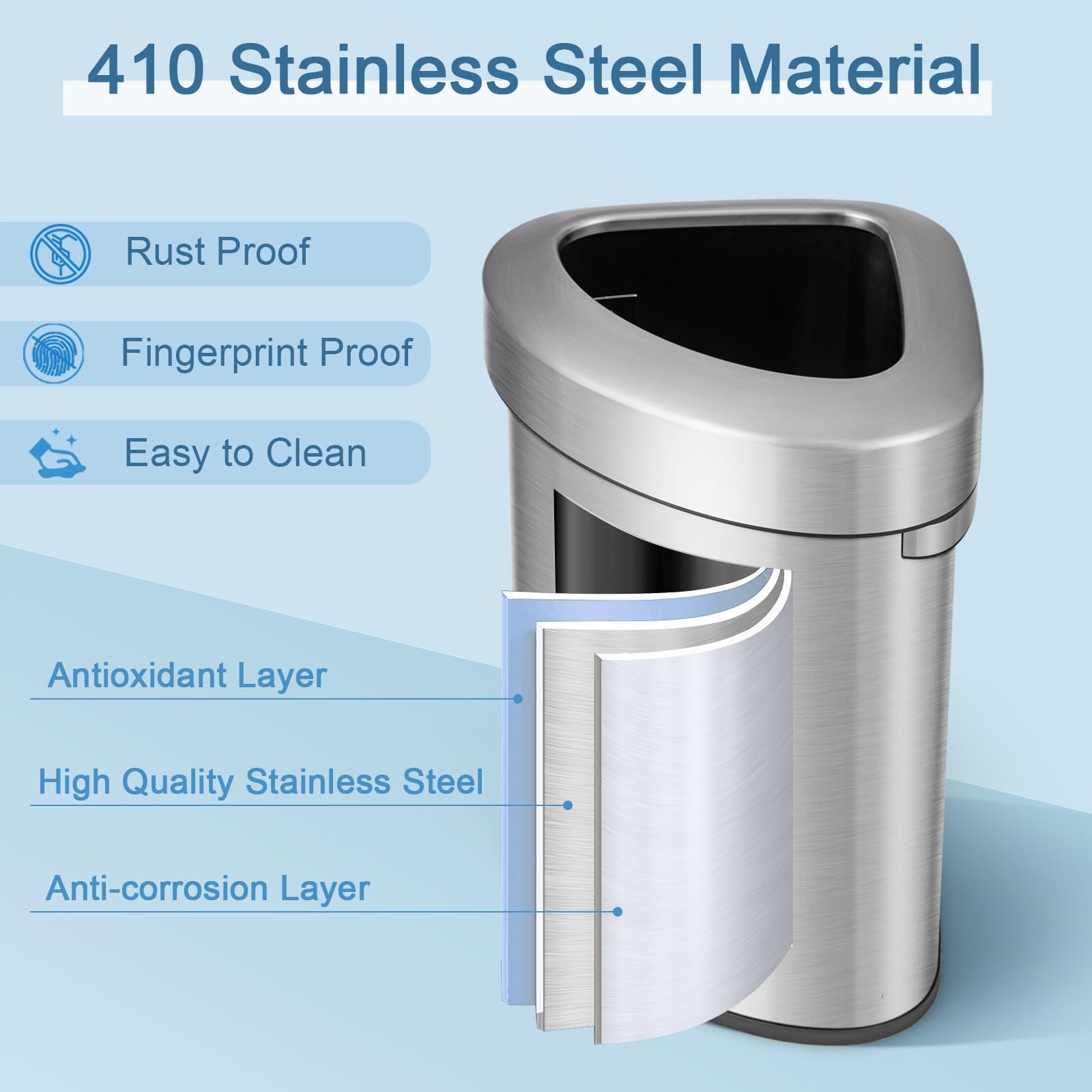 60L Stainless Corner Steel Trash Bin with Anti-slip Bottom for Narrow Space Kitchen Living Room
