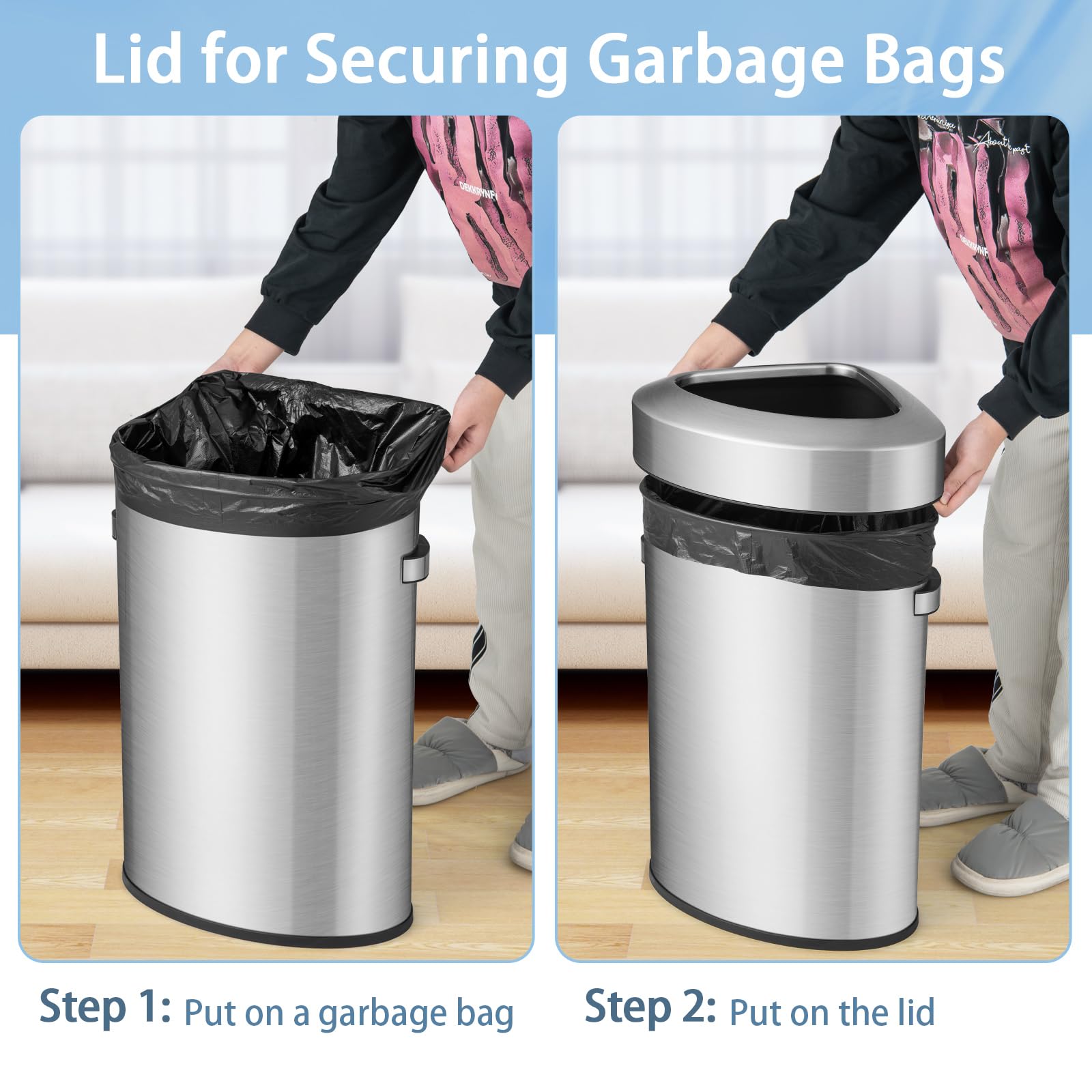 60L Stainless Corner Steel Trash Bin with Anti-slip Bottom for Narrow Space Kitchen Living Room