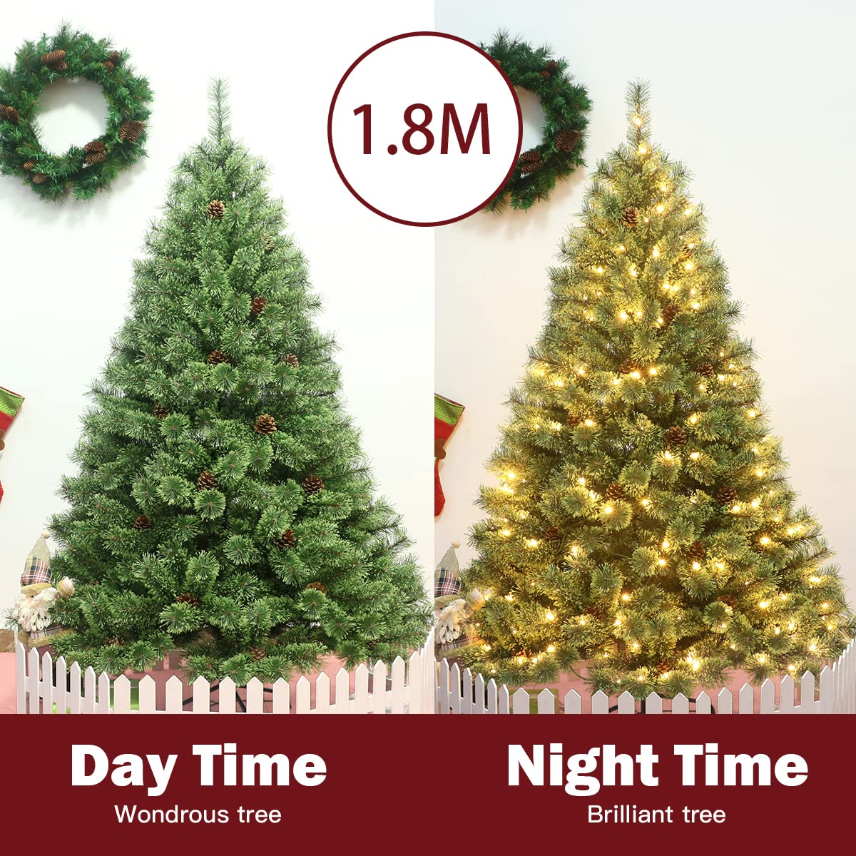 1.8M Artificial Christmas Tree, Pre-Lit Hinged Pine Tree w/ 484 Tips, 260 Warm LED Lights