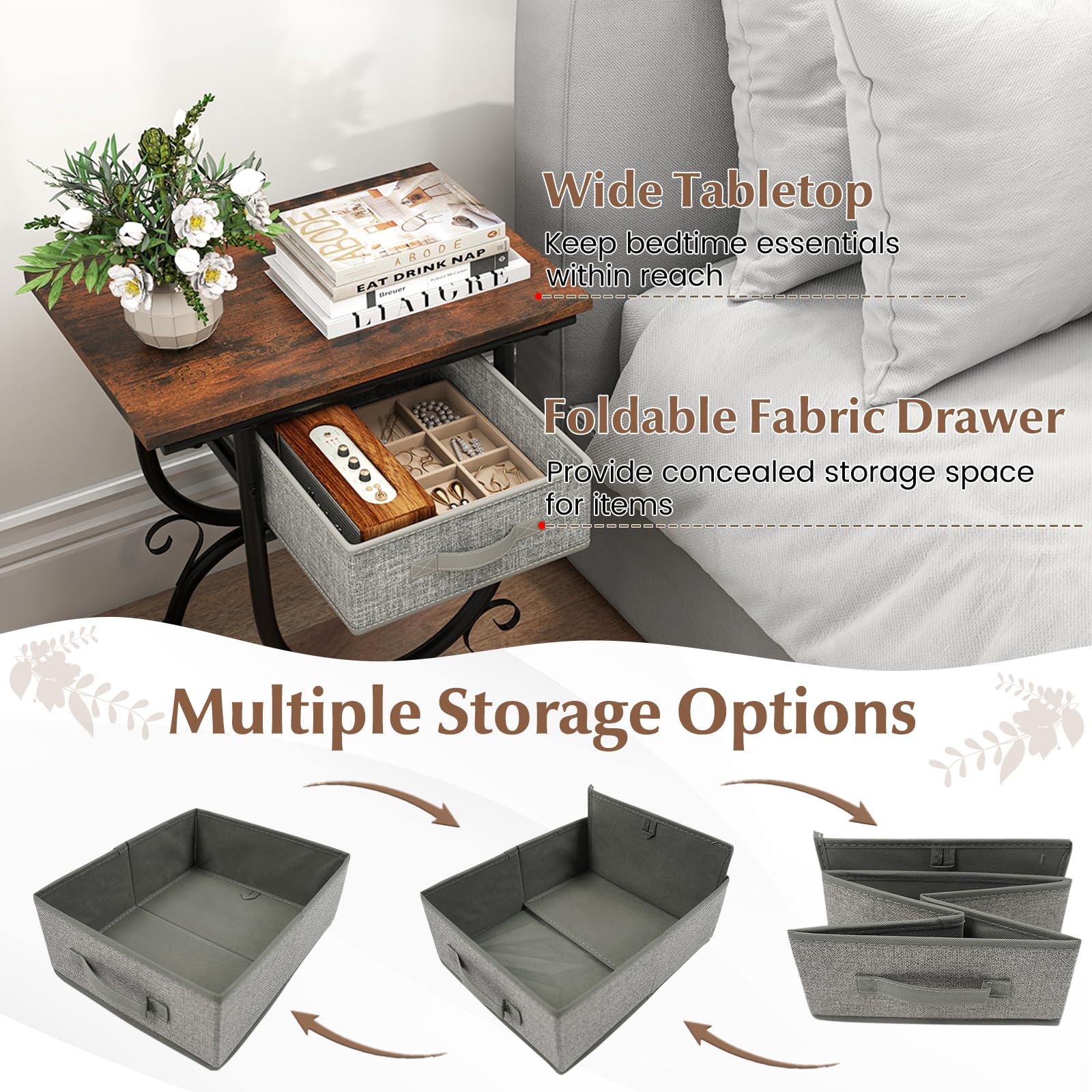 Side Table with Fabric Drawer, Nightstand with Carved Metal Frame