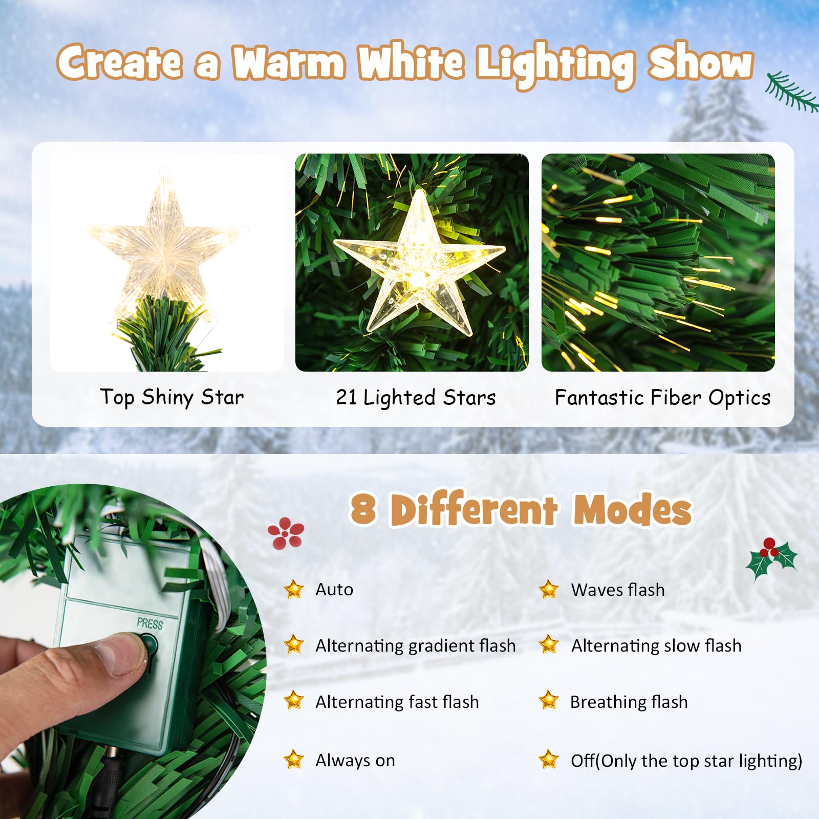 1.5M Pre-Lit Christmas Tree, Artificial Xmas Tree with 180 Branch Tips, 21 Warm White Star Lights, Fiber Optics