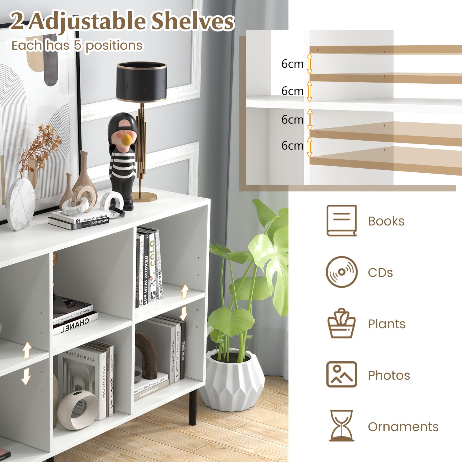 6-Cube Wooden Open Bookshelf with 5 Metal Legs