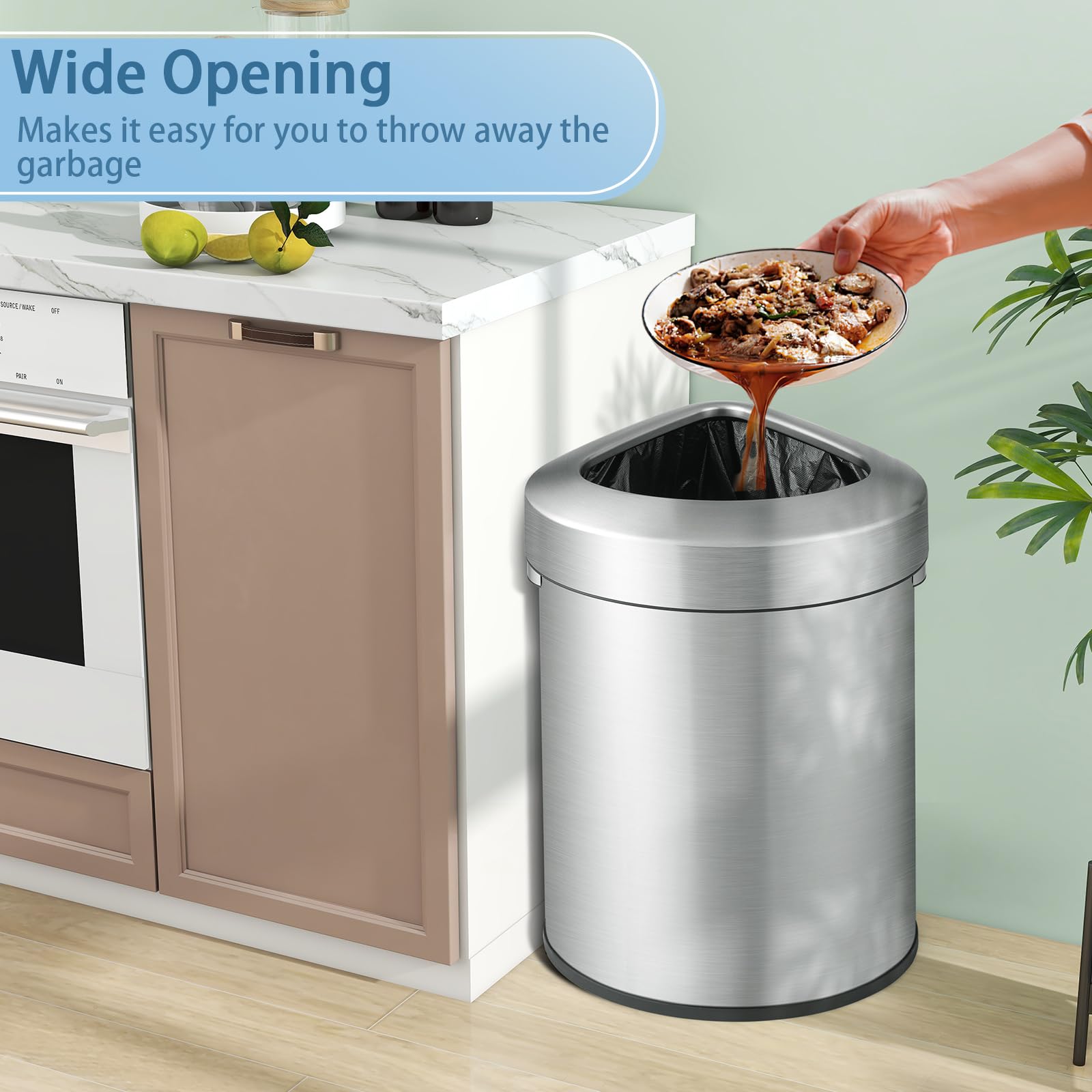 60L Stainless Corner Steel Trash Bin with Anti-slip Bottom for Narrow Space Kitchen Living Room