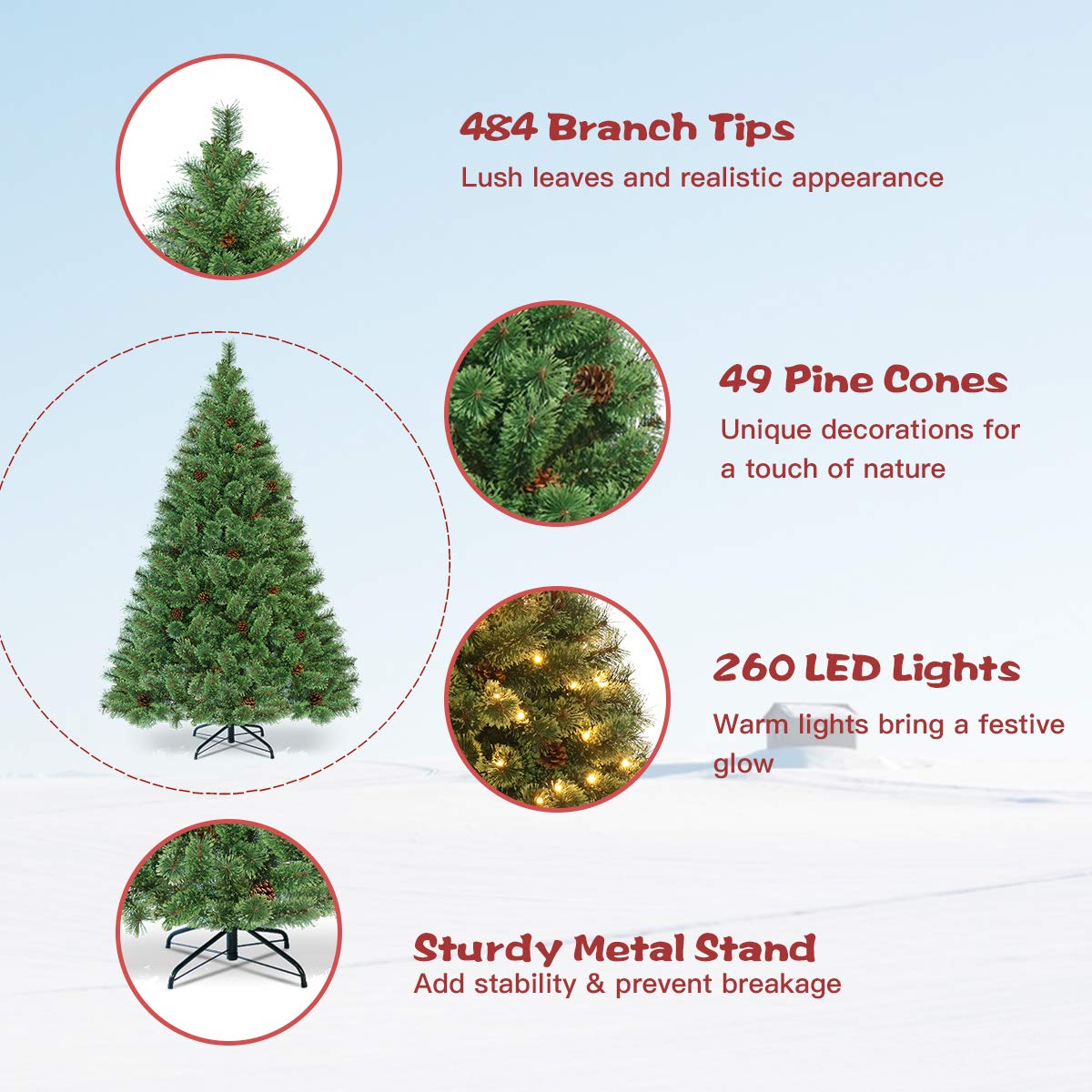 1.8M Artificial Christmas Tree, Pre-Lit Hinged Pine Tree w/ 484 Tips, 260 Warm LED Lights
