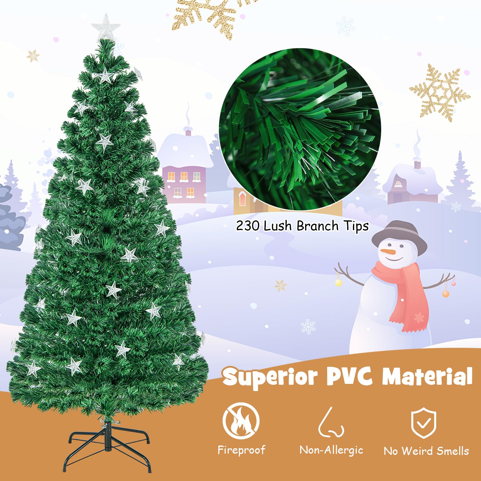 1.8M Pre-Lit Christmas Tree, Artificial Xmas Tree with 230 Branch Tips, 30 Warm White Star Lights