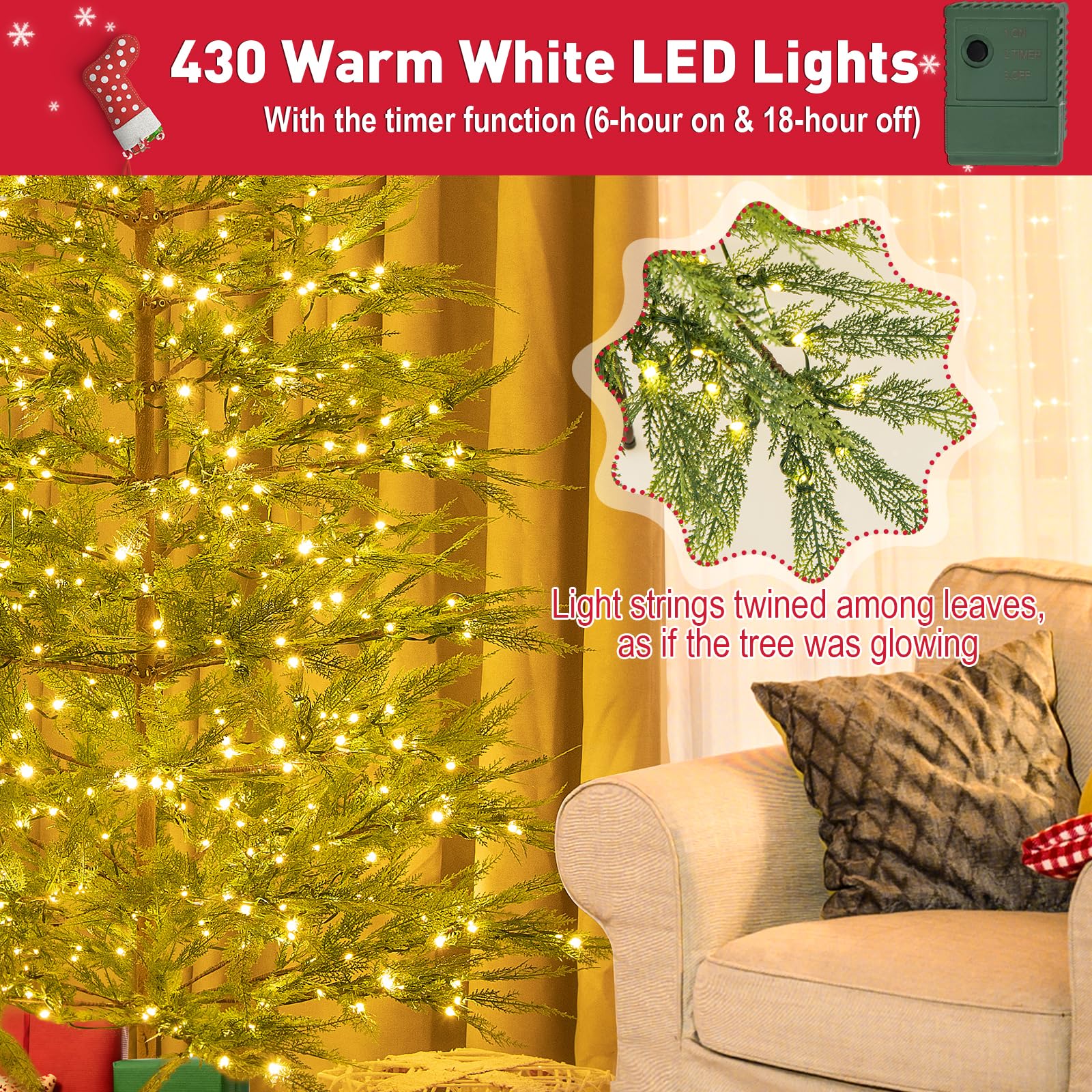 195CM Artificial Christmas Xmas Tree with Auto Timer & LED Lights