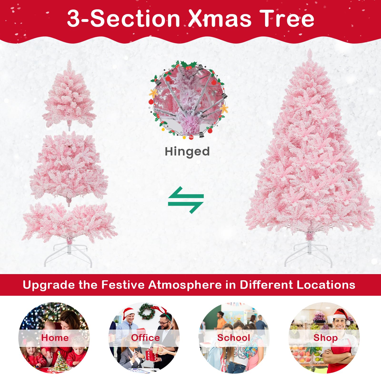 1.85m/2.1m Pink Snow Flocked Christmas Tree Artificial w/ 8 LED Lighting Modes