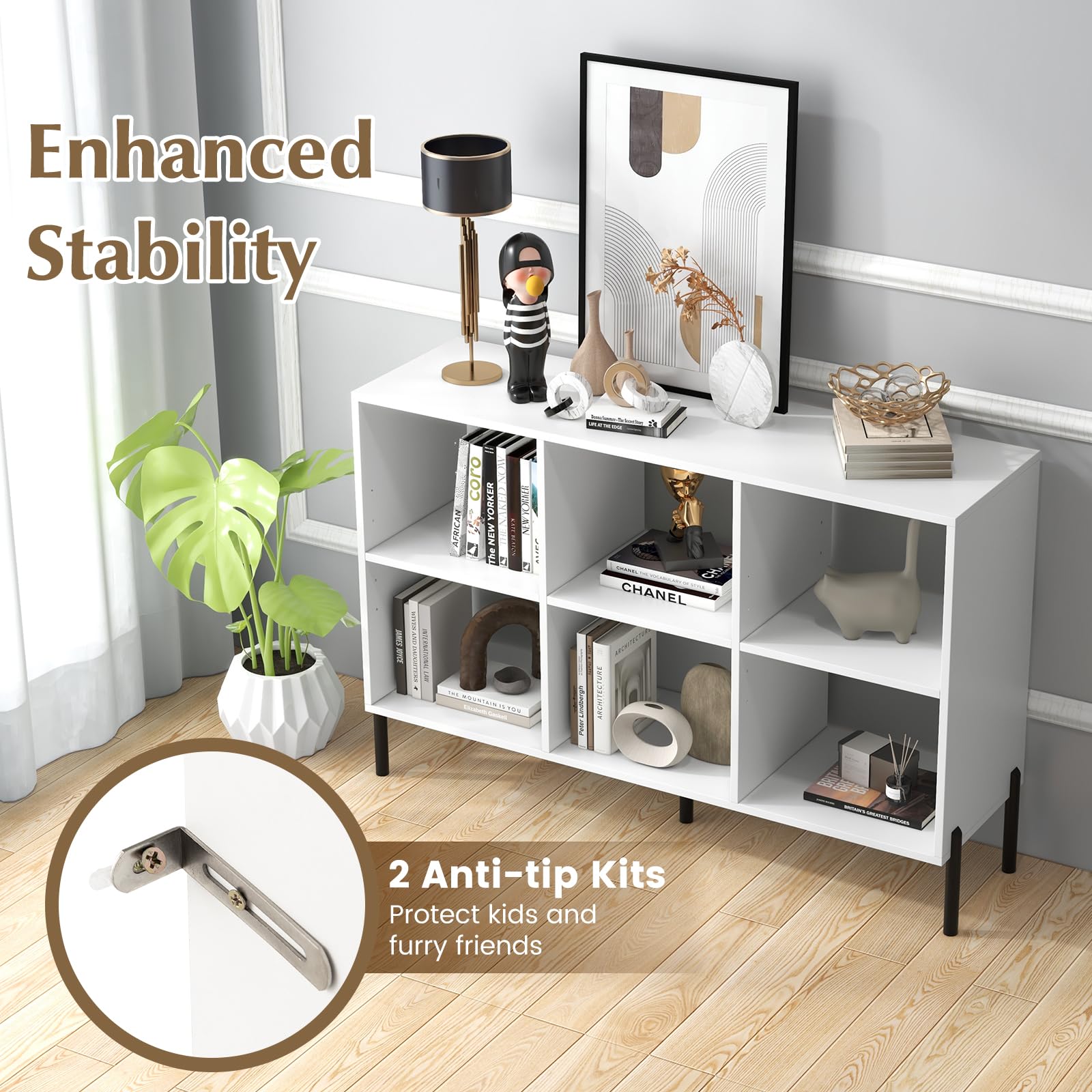 6-Cube Wooden Open Bookshelf with 5 Metal Legs