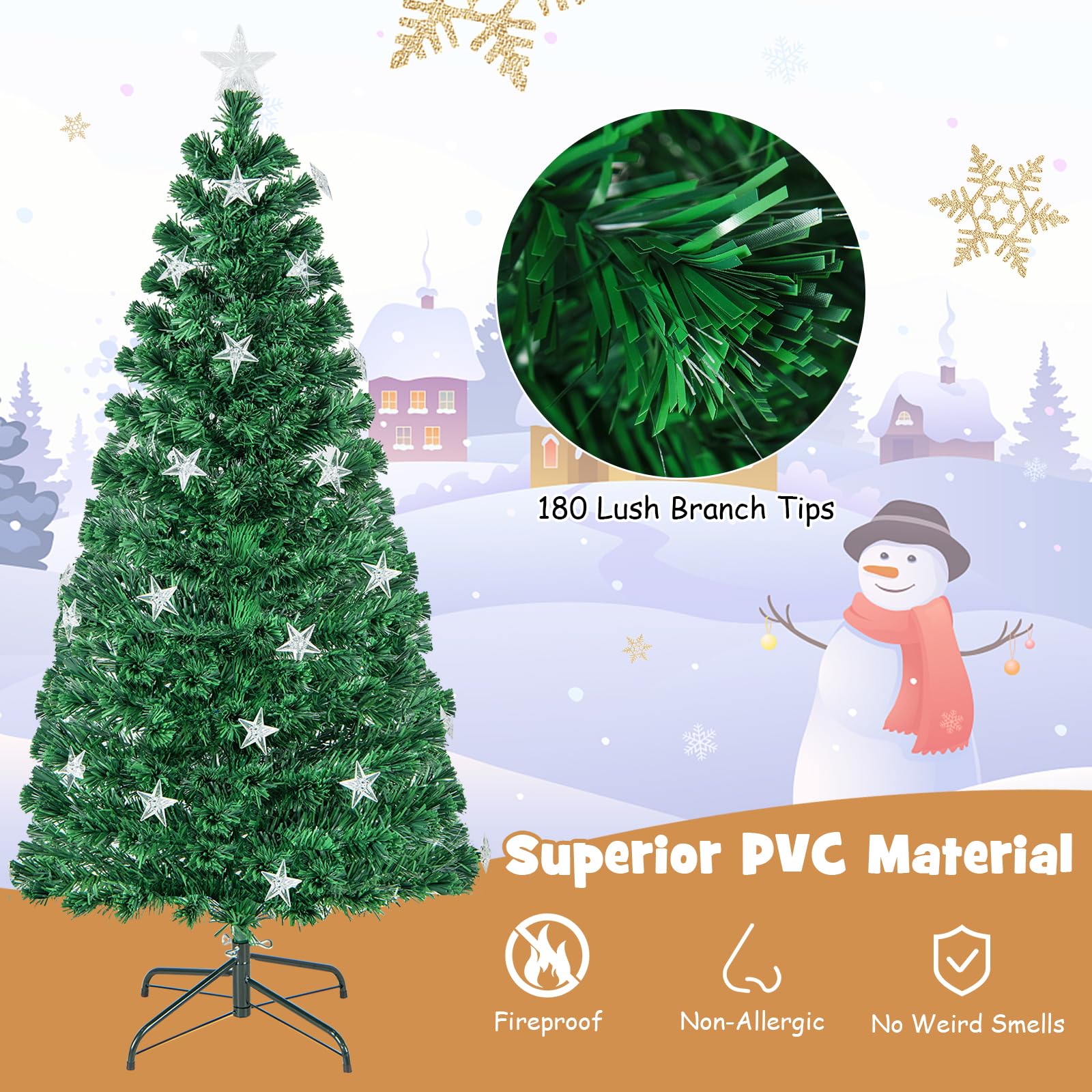 1.5M Pre-Lit Christmas Tree, Artificial Xmas Tree with 180 Branch Tips, 21 Warm White Star Lights, Fiber Optics