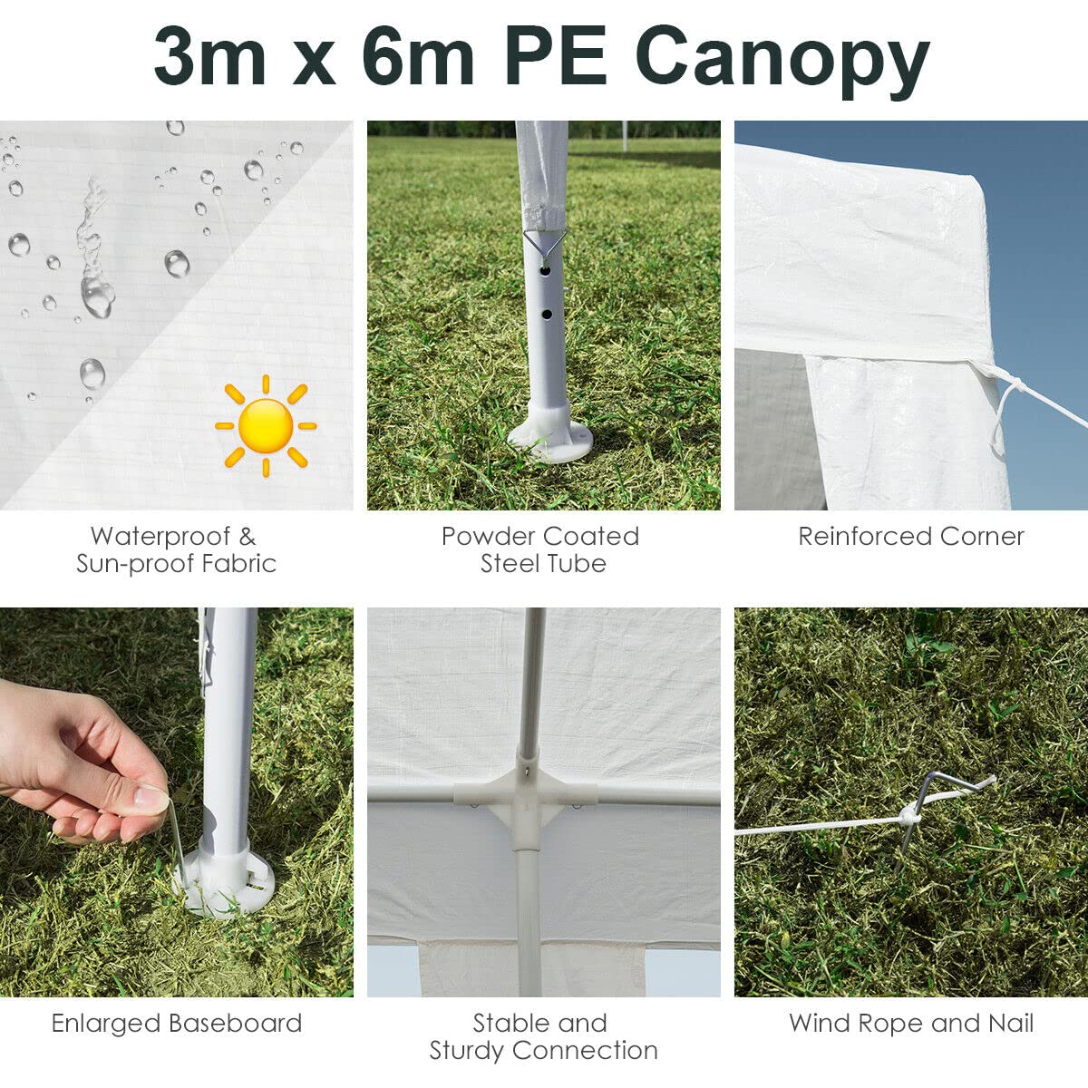 3m x 6m Canopy Tent, Waterproof Wedding Canopy with Wind Rope, Outdoor Shelter Pavilion for Parties Commercial Activity Camping