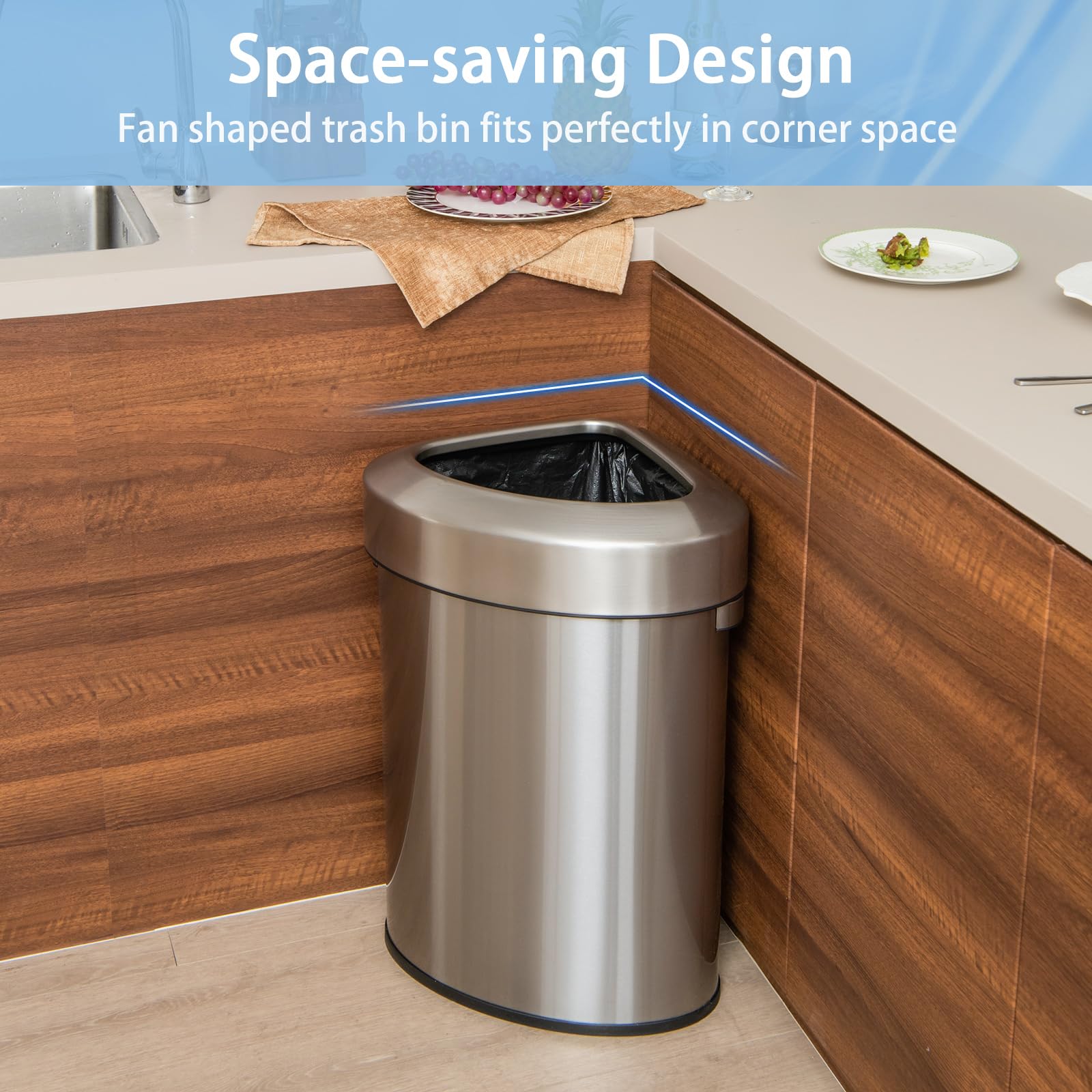 60L Stainless Corner Steel Trash Bin with Anti-slip Bottom for Narrow Space Kitchen Living Room