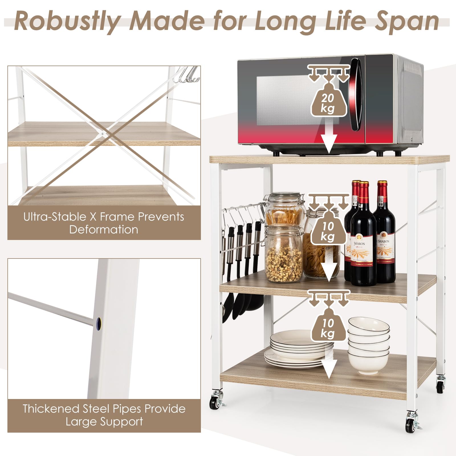 3-Layer Kitchen Rolling Cart with 4 Universal Wheels for Kitchen, Living Room, Entryway