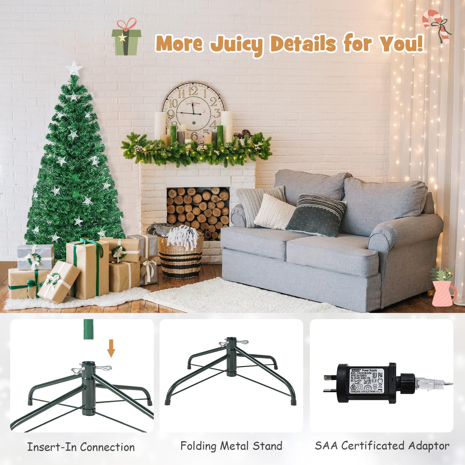 1.5M Pre-Lit Christmas Tree, Artificial Xmas Tree with 180 Branch Tips, 21 Warm White Star Lights, Fiber Optics