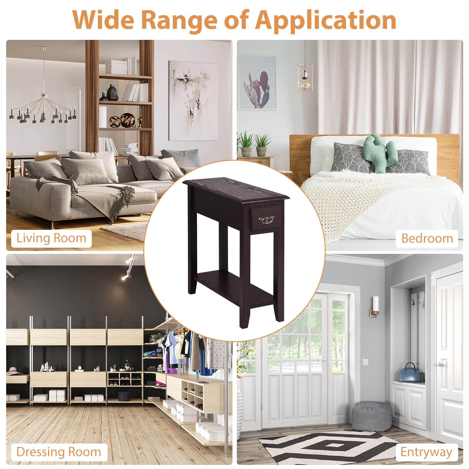 Side Table 2 Tier End Table Narrow Nightstand w/ Storage Drawer and Lower Shelf
