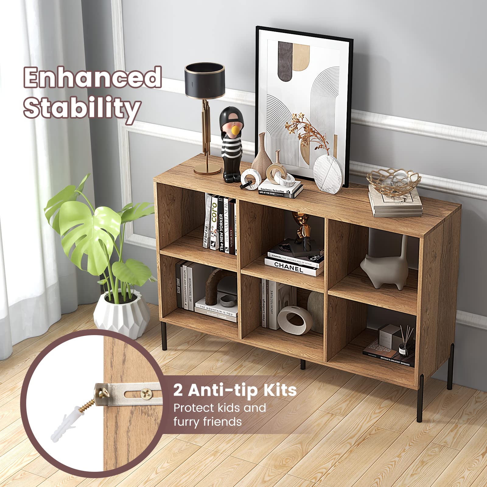 6-Cube Wooden Open Bookshelf with 5 Metal Legs