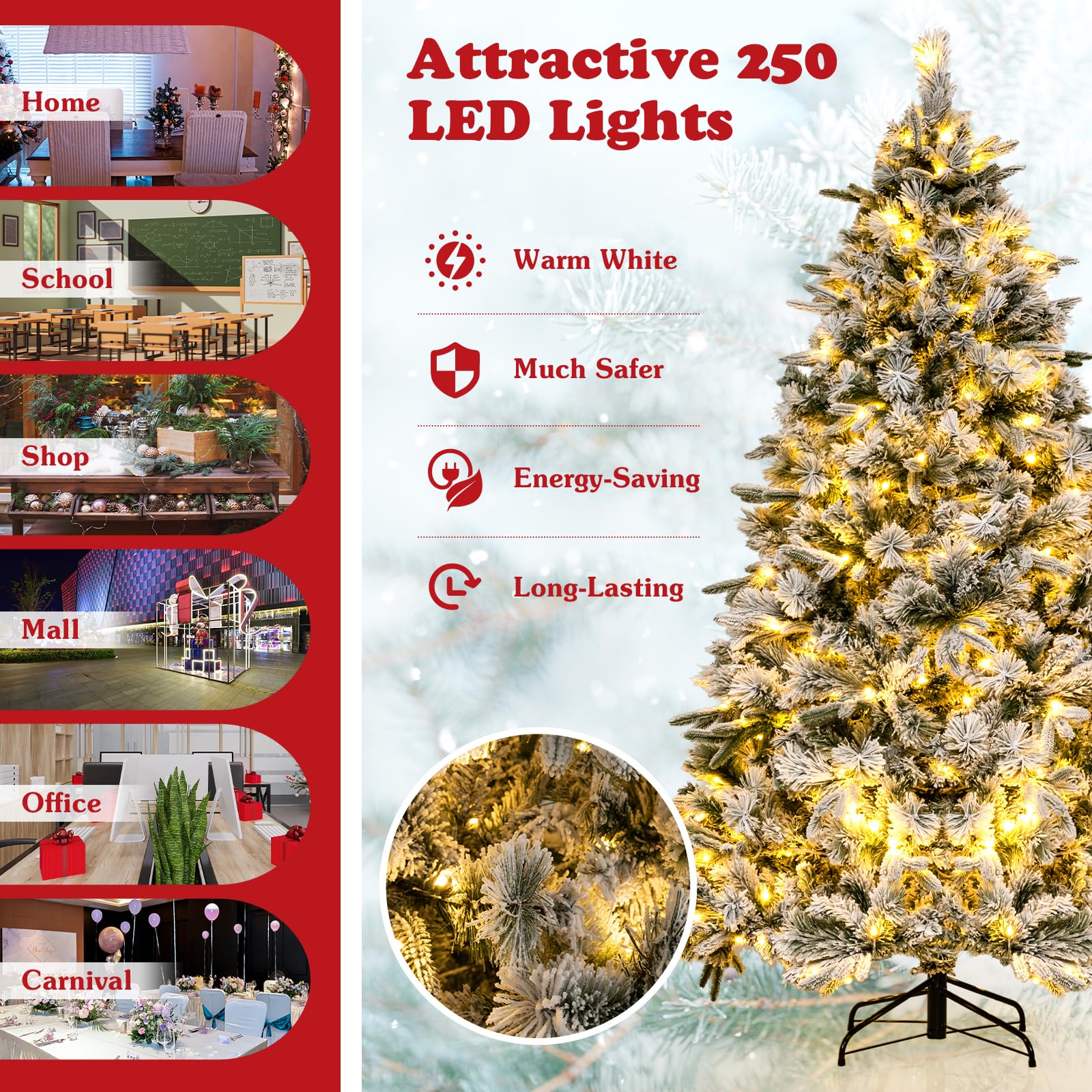 186 Christmas Tree with Pine Needles, Flocked Xmas Tree with 250 Warm White LED Lights & 752 Mixed Branch Tips