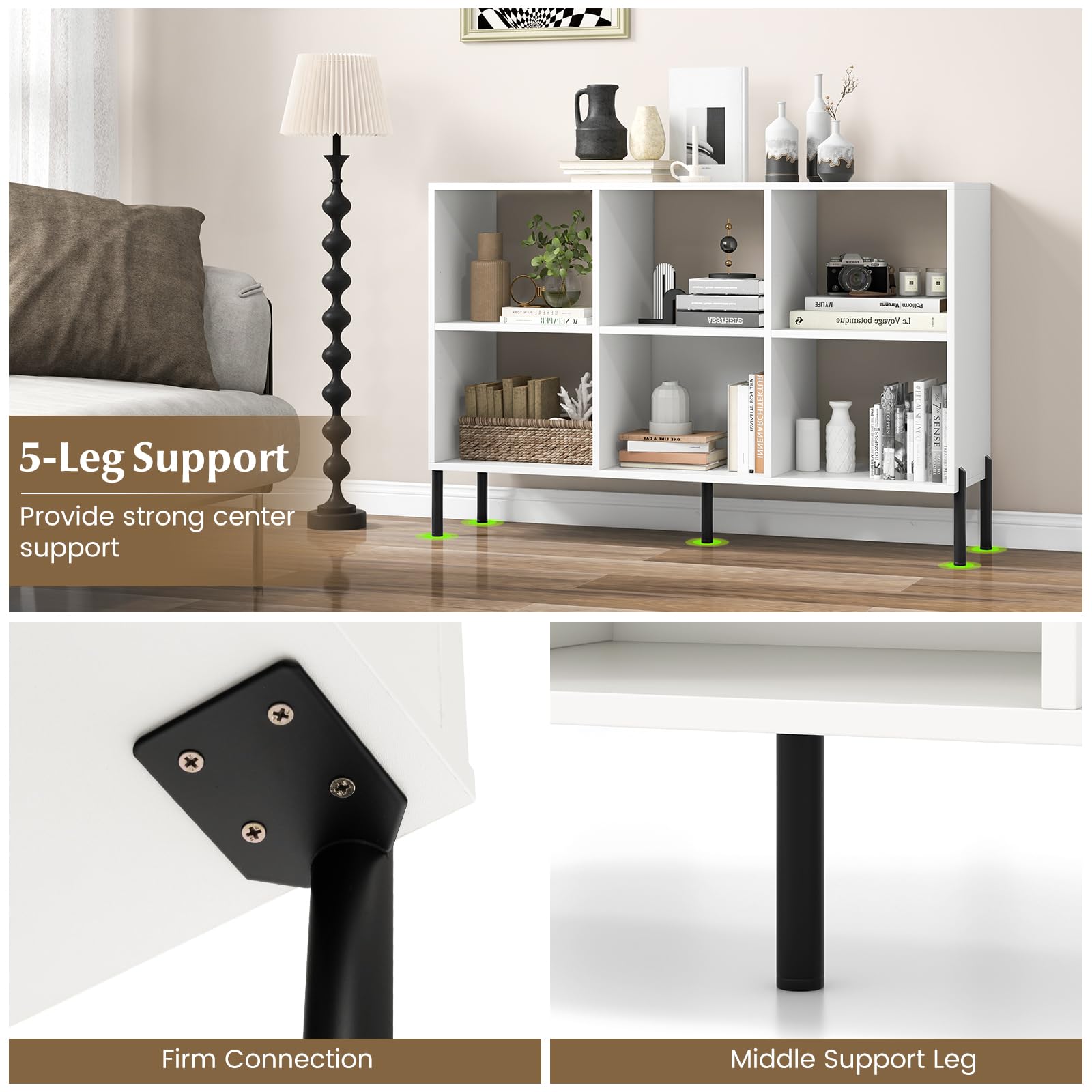 6-Cube Wooden Open Bookshelf with 5 Metal Legs