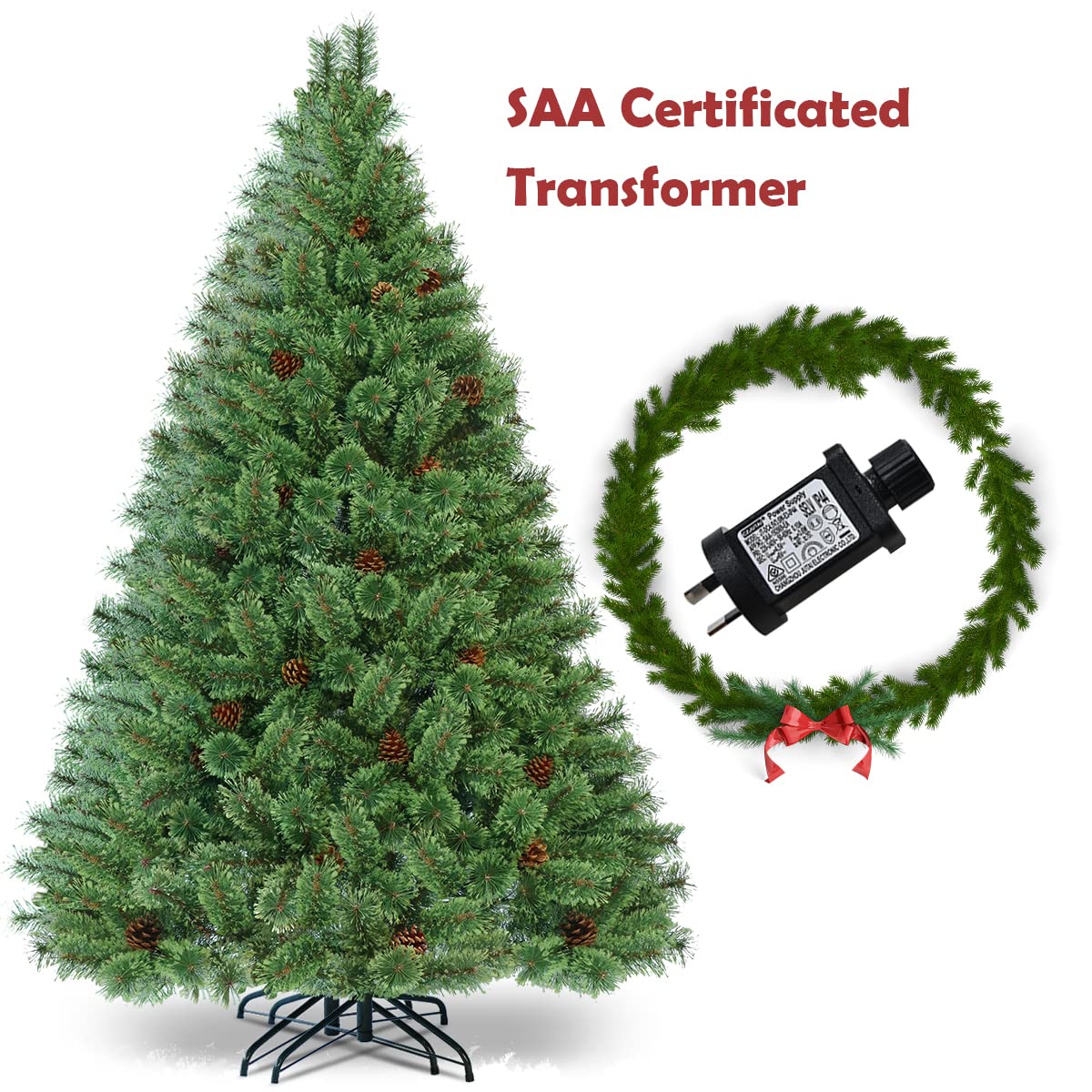 1.8M Artificial Christmas Tree, Pre-Lit Hinged Pine Tree w/ 484 Tips, 260 Warm LED Lights