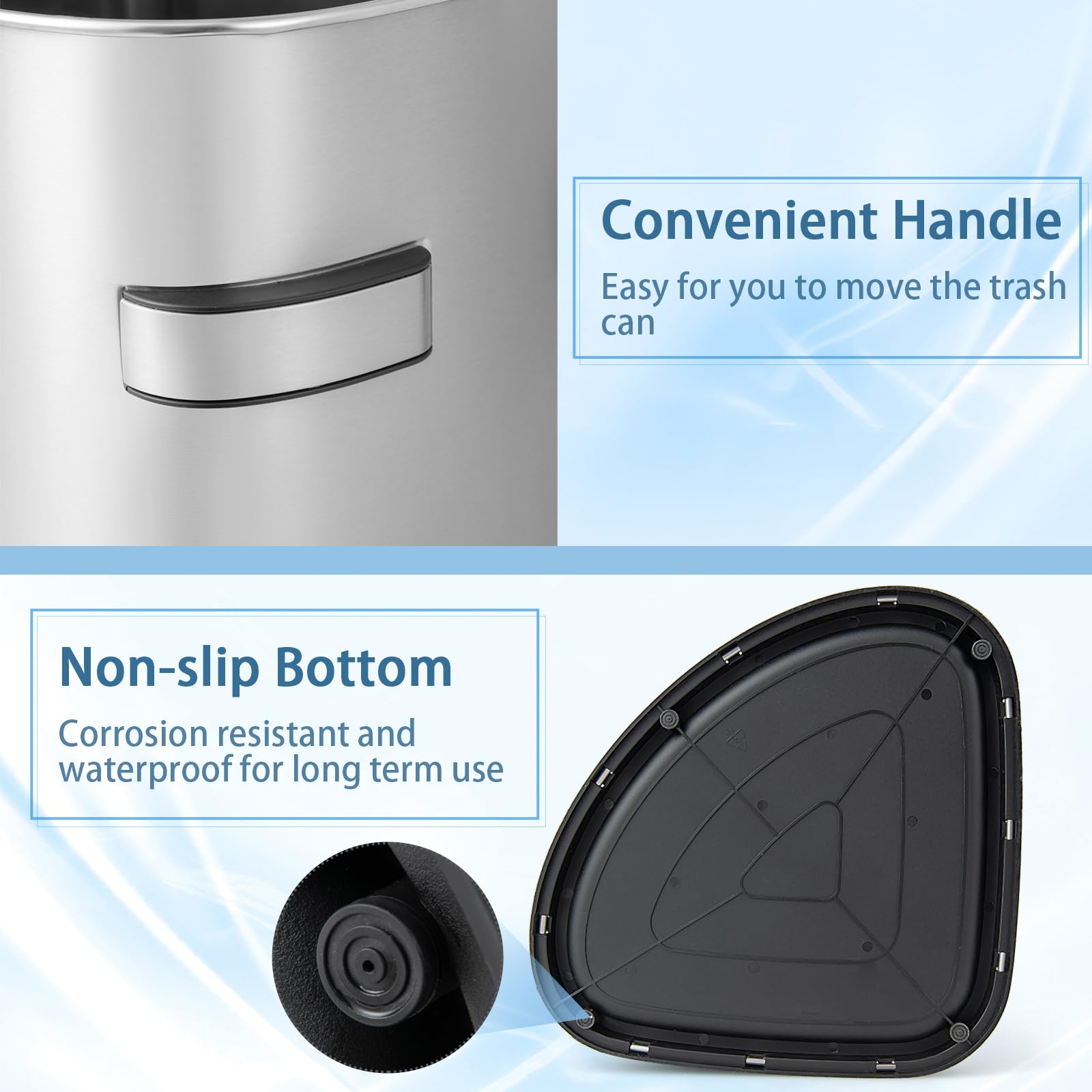60L Stainless Corner Steel Trash Bin with Anti-slip Bottom for Narrow Space Kitchen Living Room