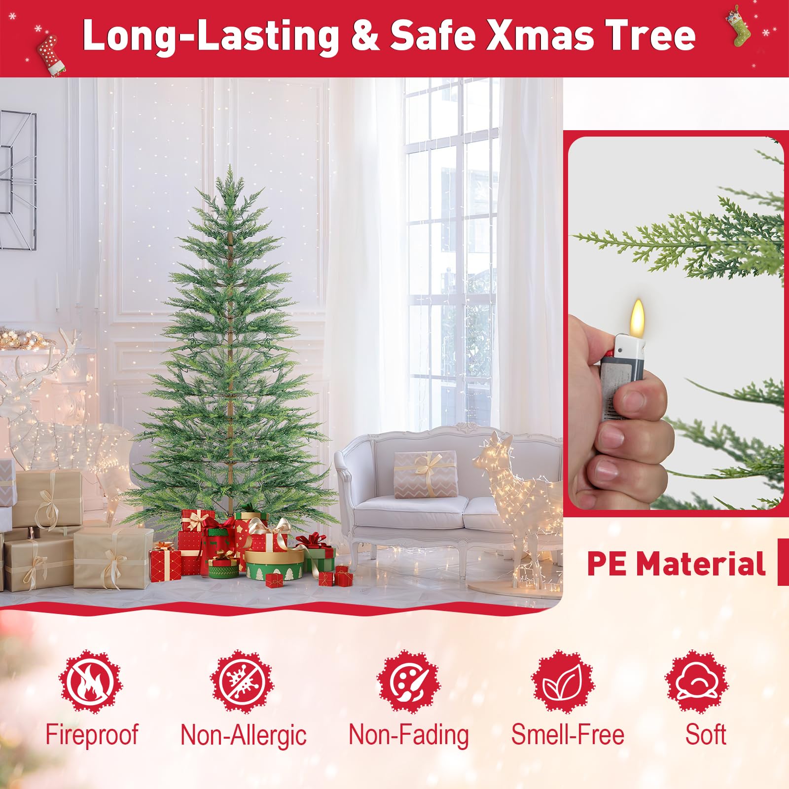 195CM Artificial Christmas Xmas Tree with Auto Timer & LED Lights