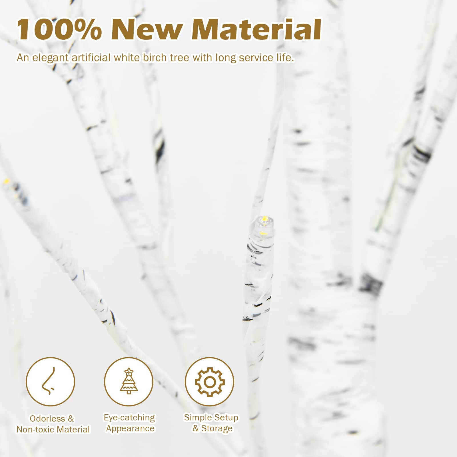 1.2/1.5/1.8 M Artificial Twig Birch Tree with 48/72/96 Warm White LED Lights for Christmas