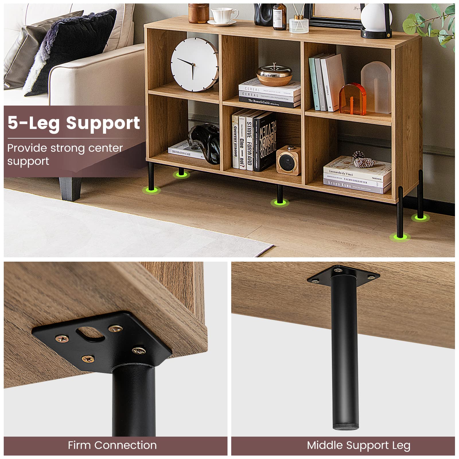 6-Cube Wooden Open Bookshelf with 5 Metal Legs