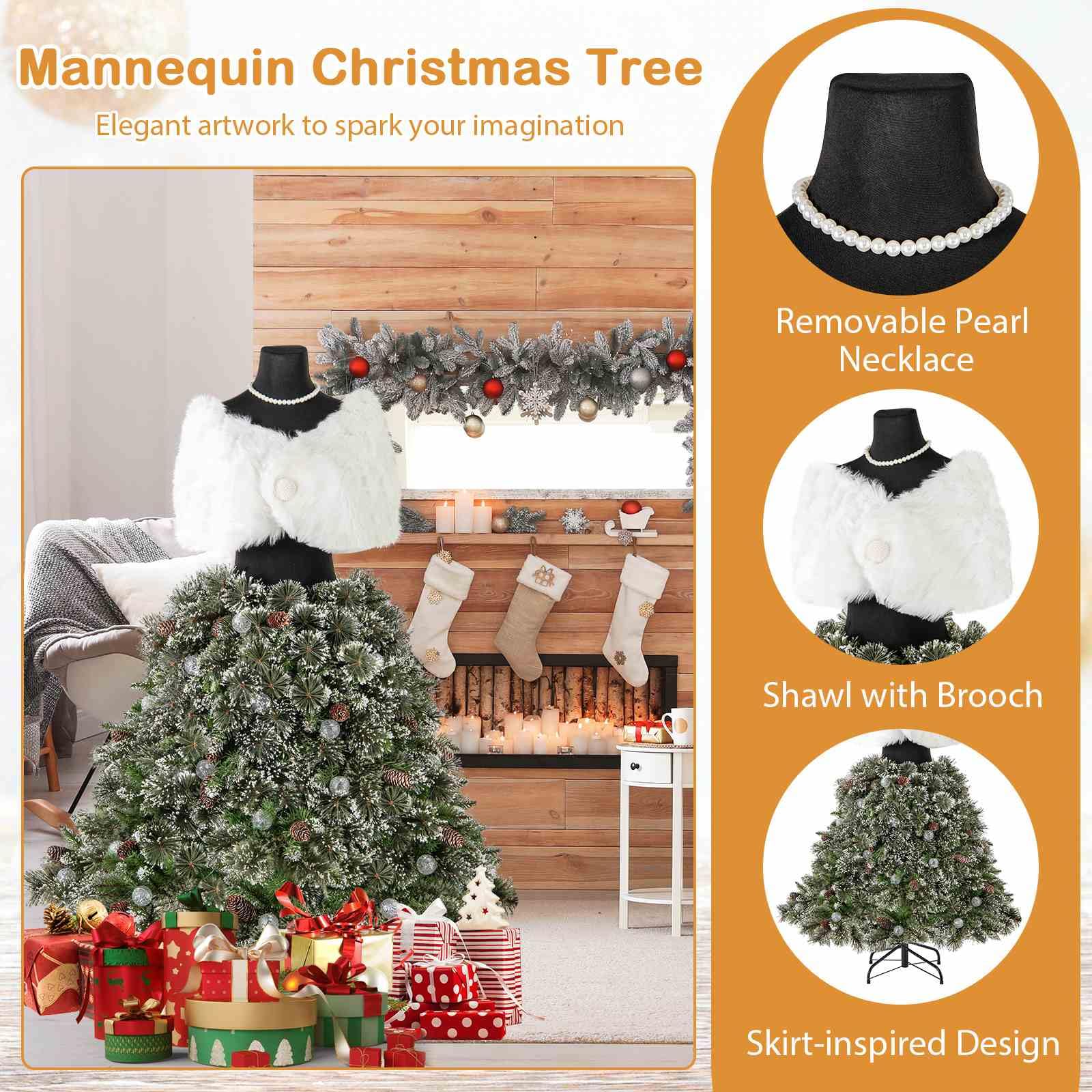 150CM Pre-lit Mannequin Artificial Christmas Tree, Hinged Dress Form Xmas Tree w/ 465 Branch Tips