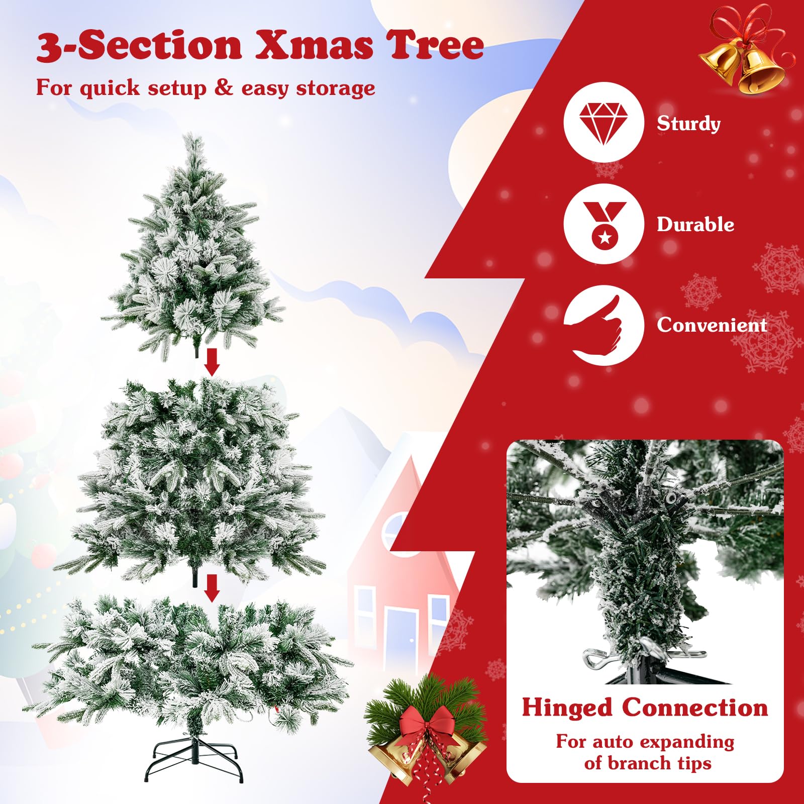 186 Christmas Tree with Pine Needles, Flocked Xmas Tree with 250 Warm White LED Lights & 752 Mixed Branch Tips