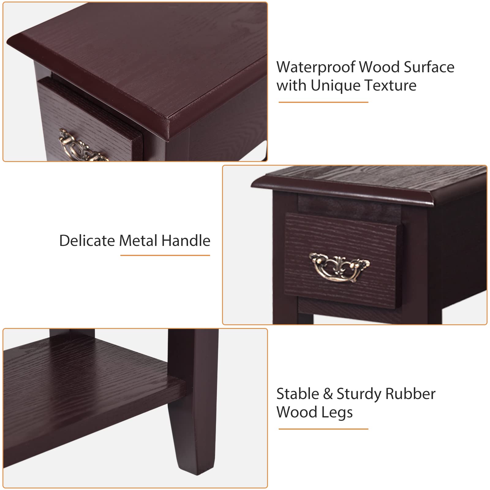 Side Table 2 Tier End Table Narrow Nightstand w/ Storage Drawer and Lower Shelf